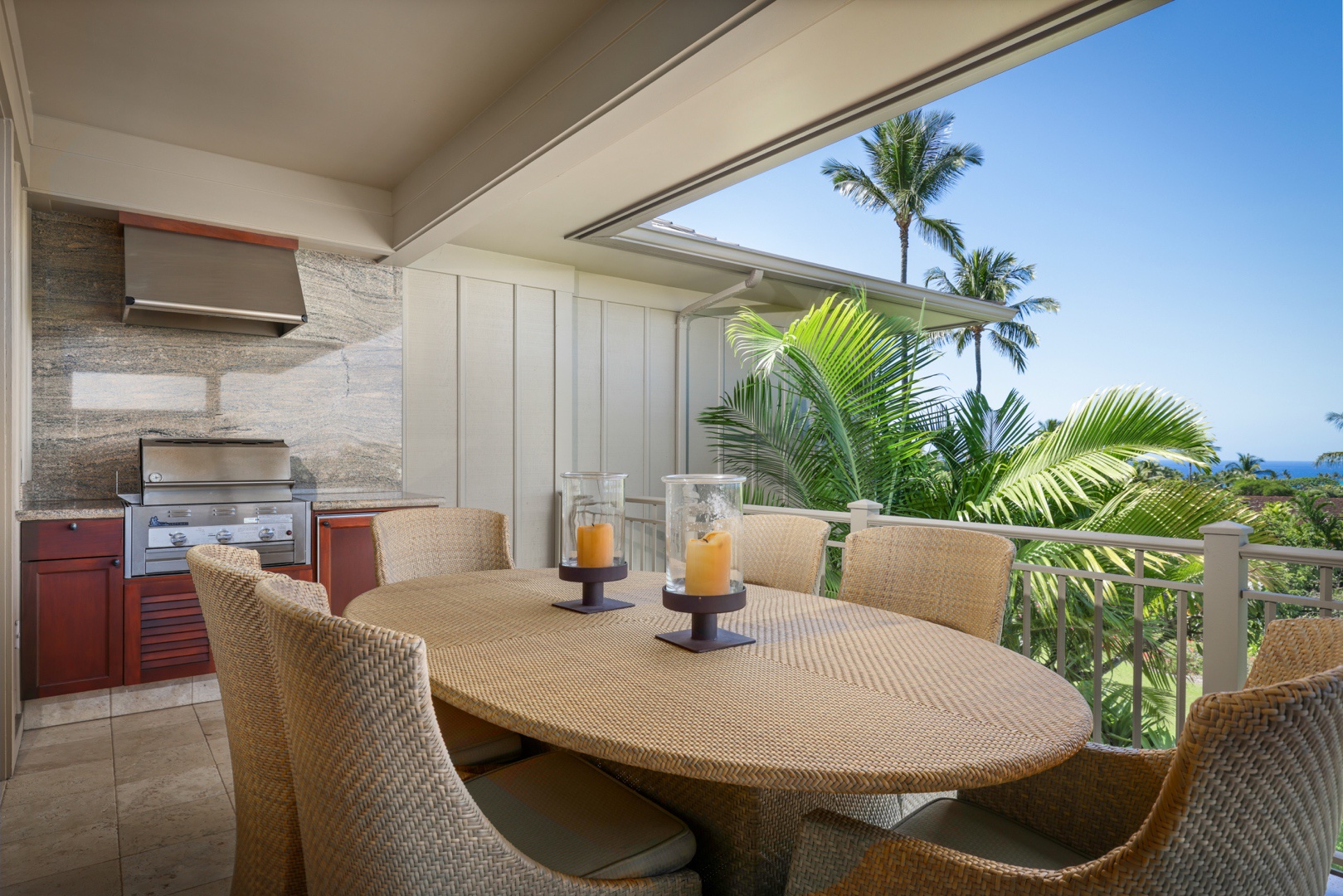 Kailua Kona Vacation Rentals, 3BD Ke Alaula (210B) Villa at Hualalai Resort - Enjoy the built-in BBQ grill and al fresco dining with the swaying palm trees & Pacific Ocean beyond.