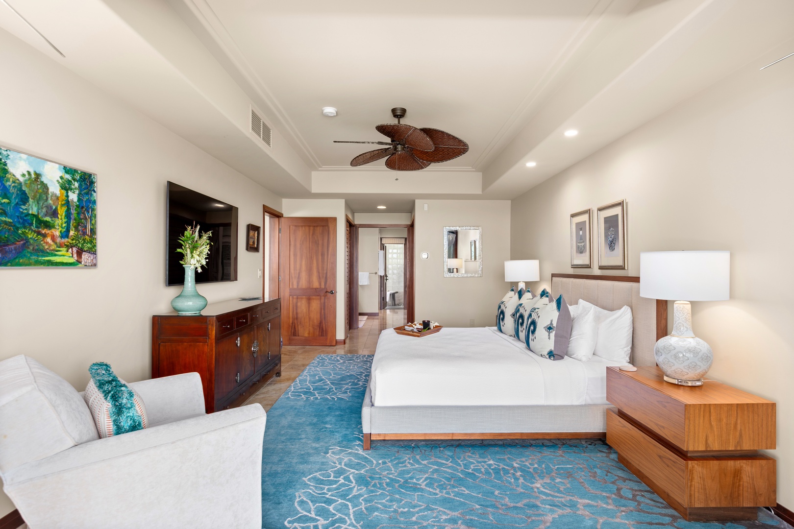 Kailua Kona Vacation Rentals, 2BD Hillside Villa (4102) at Hualalai Resort - King bed in a bright, airy primary suite accented by coastal blues.