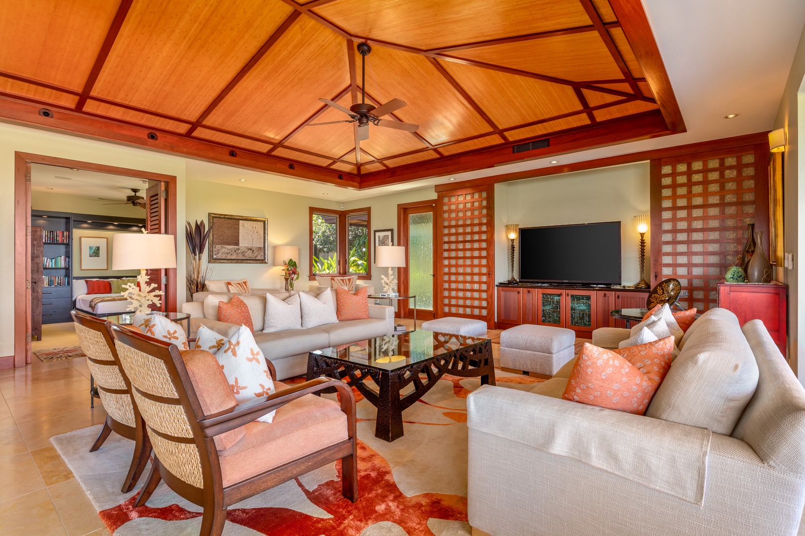 Kamuela Vacation Rentals, Champion Ridge Home - Enjoy seamless indoor-outdoor living with cove-lit ceilings and stylish decor throughout.