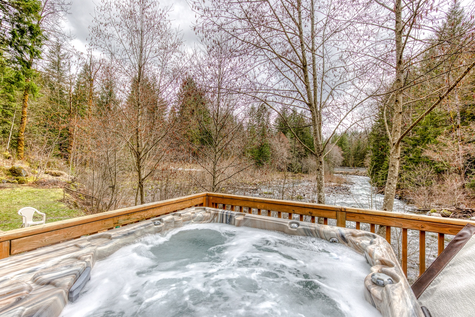 Rhododendron Vacation Rentals, Riverbend Cabin #2 - View of the river from the private hot tub