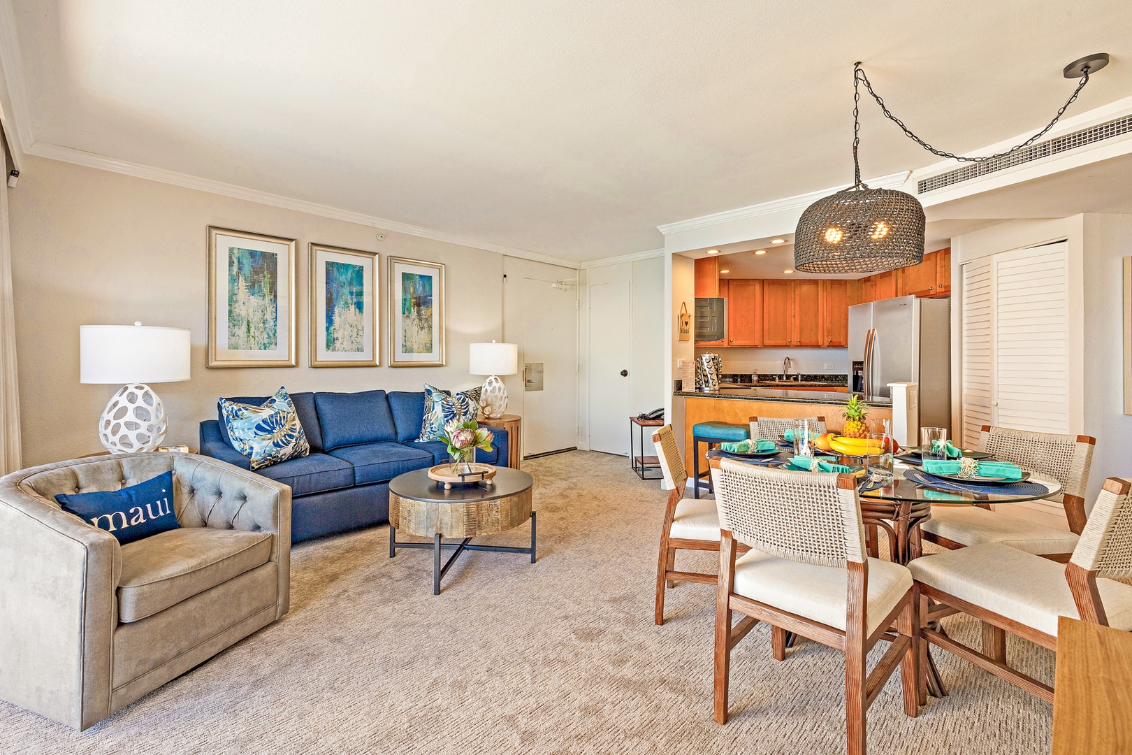 Lahaina Vacation Rentals, Kaanapali Shores 903 - The living room offers cozy seating with vibrant accents, perfect for unwinding after a day of island adventures.