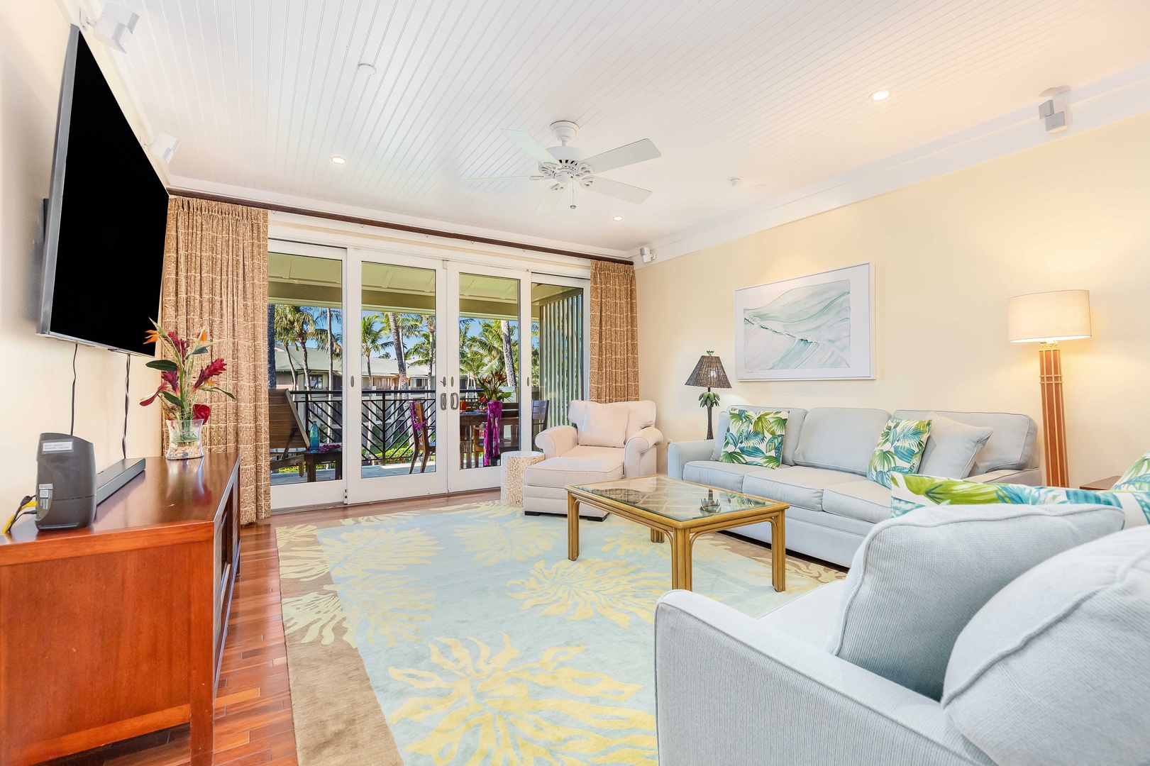 Kahuku Vacation Rentals, Turtle Bay Villas 313 - Living room with access to private patio