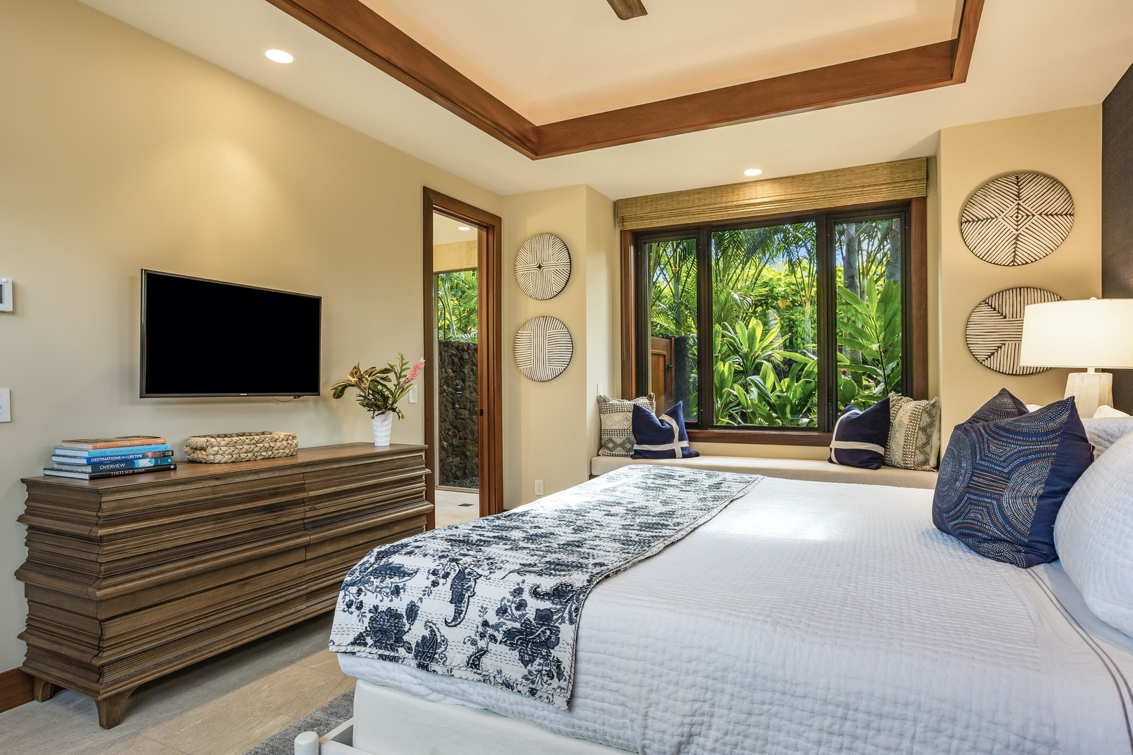 Kailua Kona Vacation Rentals, 4BD Kulanakauhale (3558) Estate Home at Four Seasons Resort at Hualalai - Reverse view of the third guest room showcasing king-sized bed and built in window seating.
