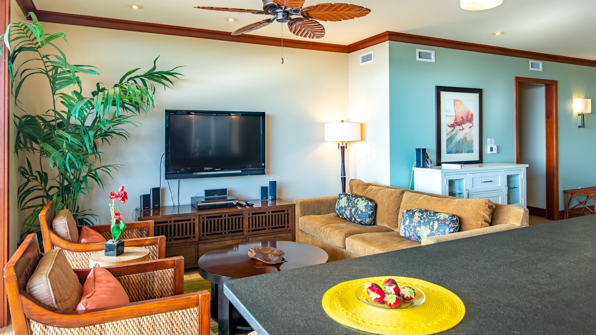 Kapolei Vacation Rentals, Ko Olina Beach Villas B609 - The comfortable living space and TV for your favorite shows.