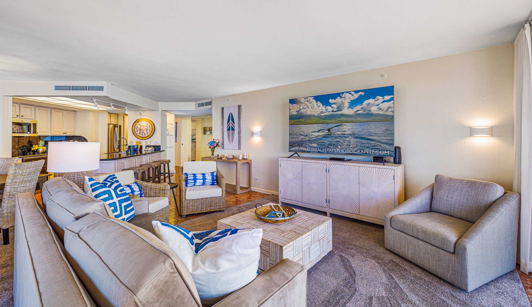 Lahaina Vacation Rentals, Kaanapali Shores 502 - The open-concept living area provides a cozy spot for watching your favorite shows, with easy access to the kitchen and dining area