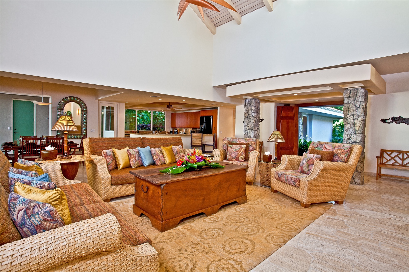 Kaanapali Vacation Rentals, Sea Shells Beach House on Ka`anapali Beach* - The Great Room with Vaulted Ceiling and New 60" Television with iPod Dock and BluRay Player