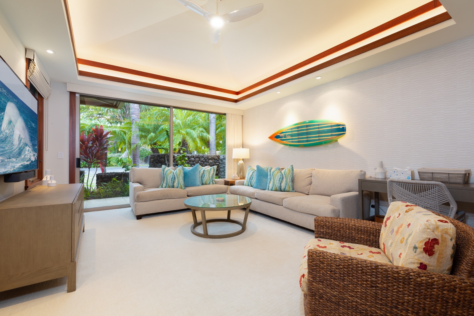 Kailua Kona Vacation Rentals, 4BD Hainoa Estate (102) at Four Seasons Resort at Hualalai - Dedicated media room with plush furnishings & a 70in Smart TV