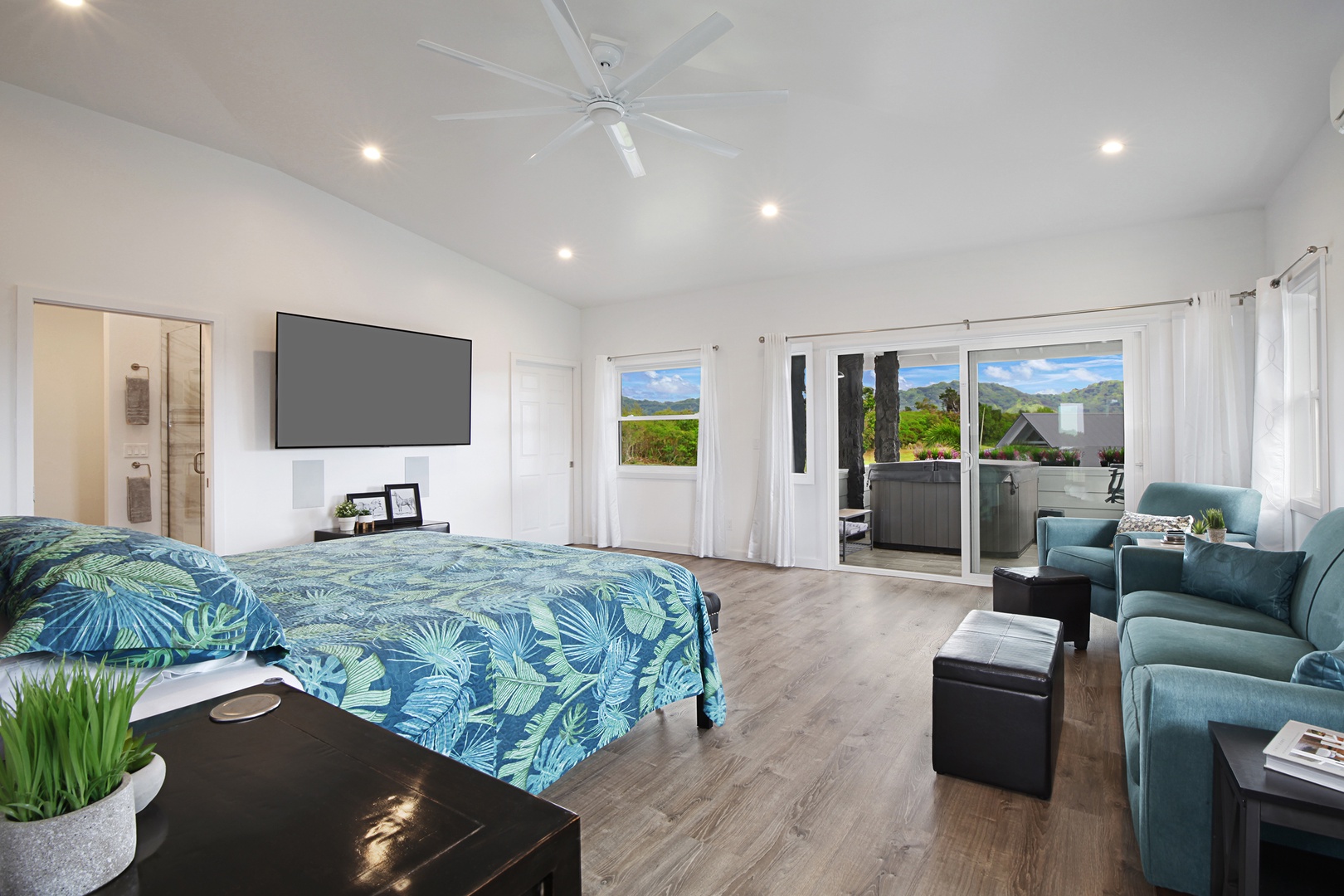 Koloa Vacation Rentals, Haupu Hale at Poipu - Luxurious primary bedroom with direct access to a private lanai and thoughtfully designed interiors for restful nights.