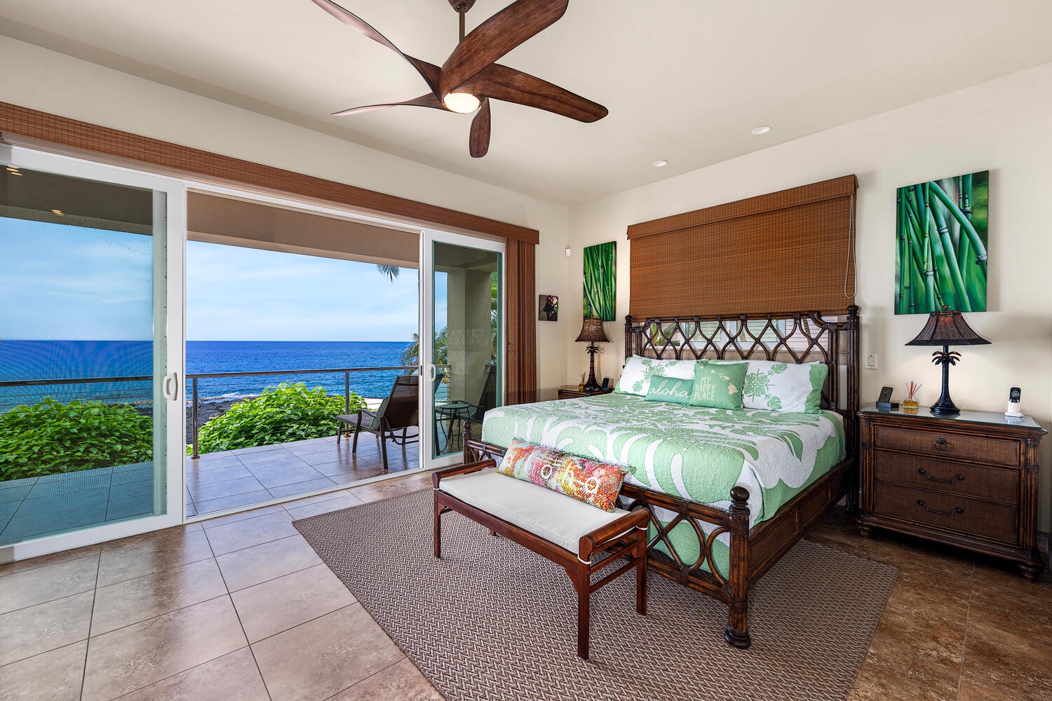 Kailua Kona Vacation Rentals, Kailani Vista - King bed, Koa style ceiling fan, and large sliding doors so the first thing you see each morning is the Pacific in technicolor.