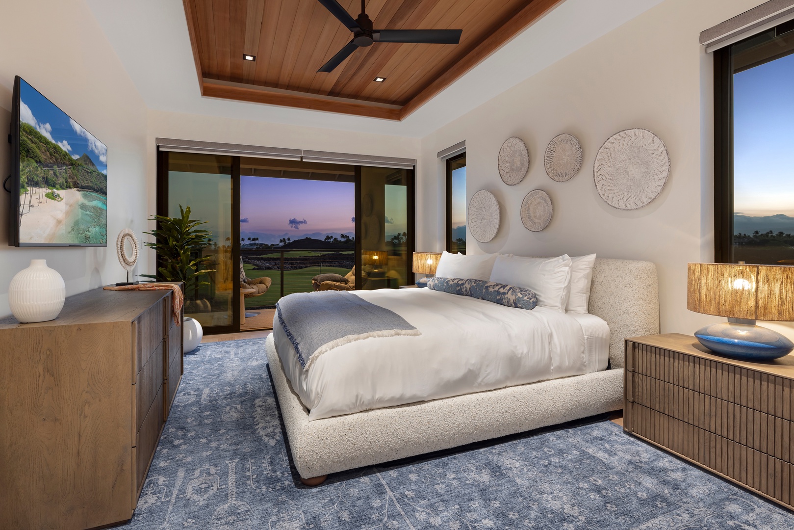 Kamuela Vacation Rentals, 6BD Mauna Lani Lux Golf Estate (6) at One Ocean - The Upstairs Guest Suite (Bedroom #2) opens onto the lanai, so the evening view is the last thing you see.