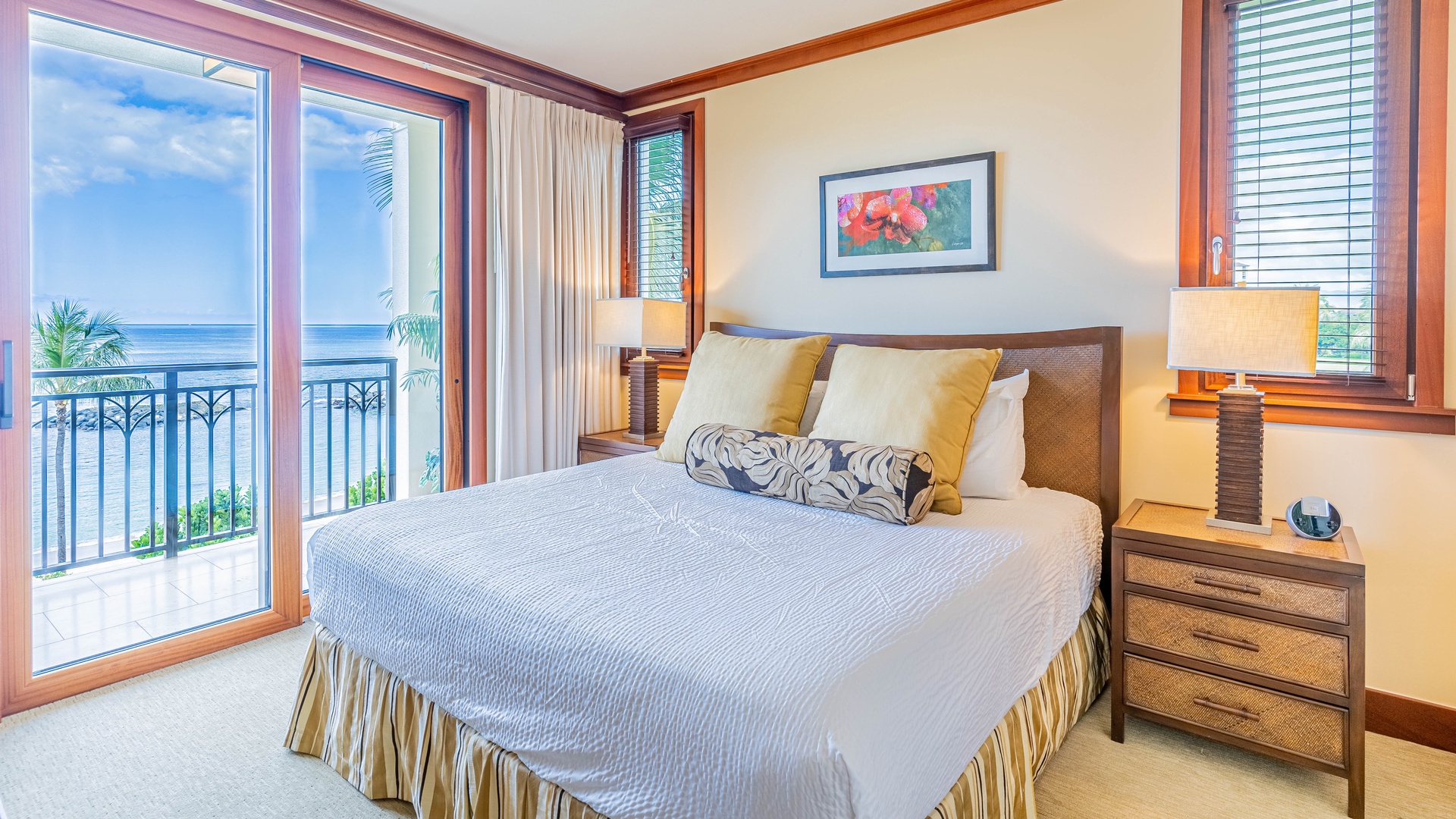 Kapolei Vacation Rentals, Ko Olina Beach Villas B410 - The primary guest bedroom with access to the lanai.