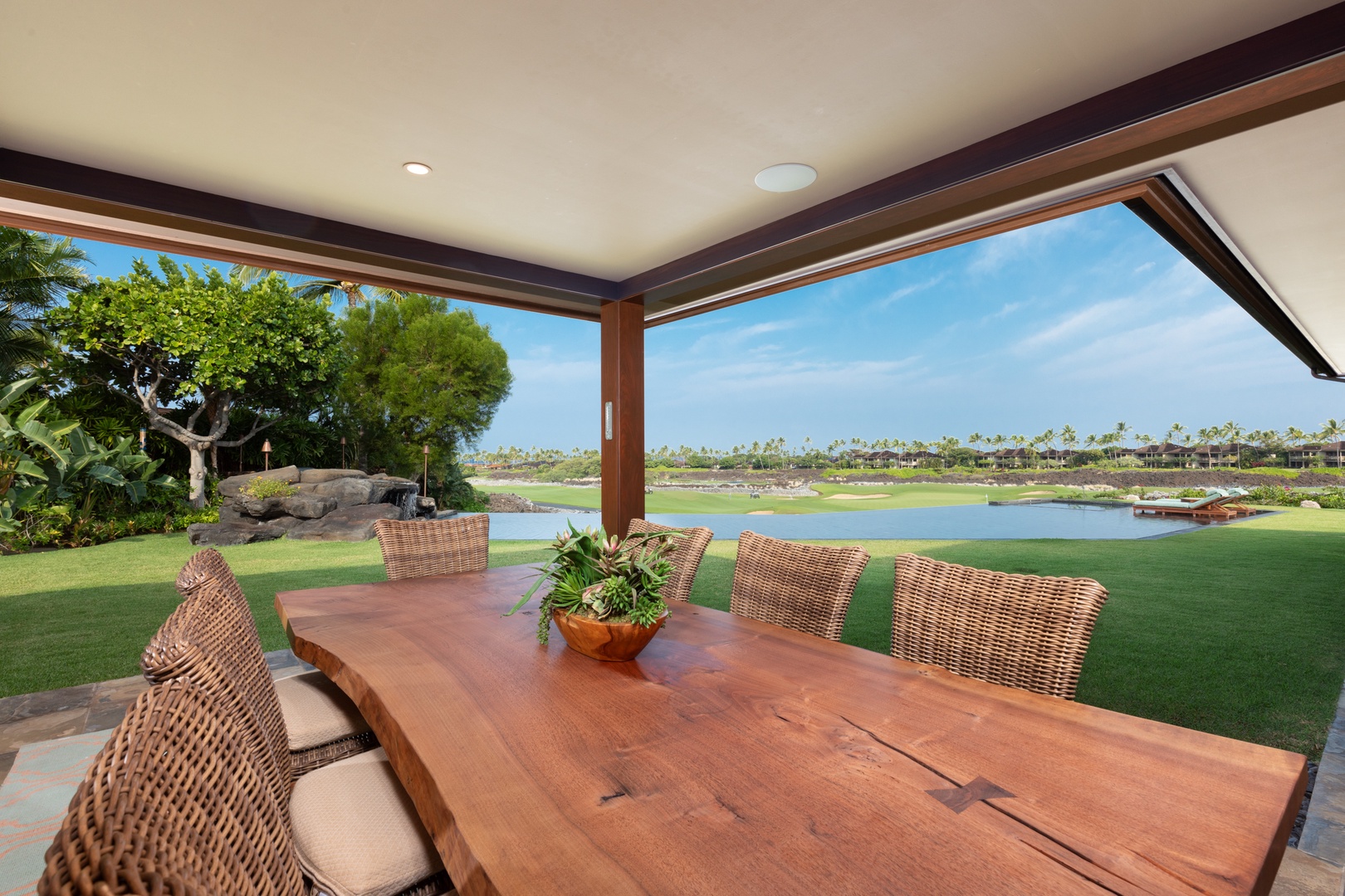Kailua Kona Vacation Rentals, 5BD Ke Alaula Estate (144) at Hualalai Resort - Spacious outdoor dining with panoramic golf course and coastal vistas.