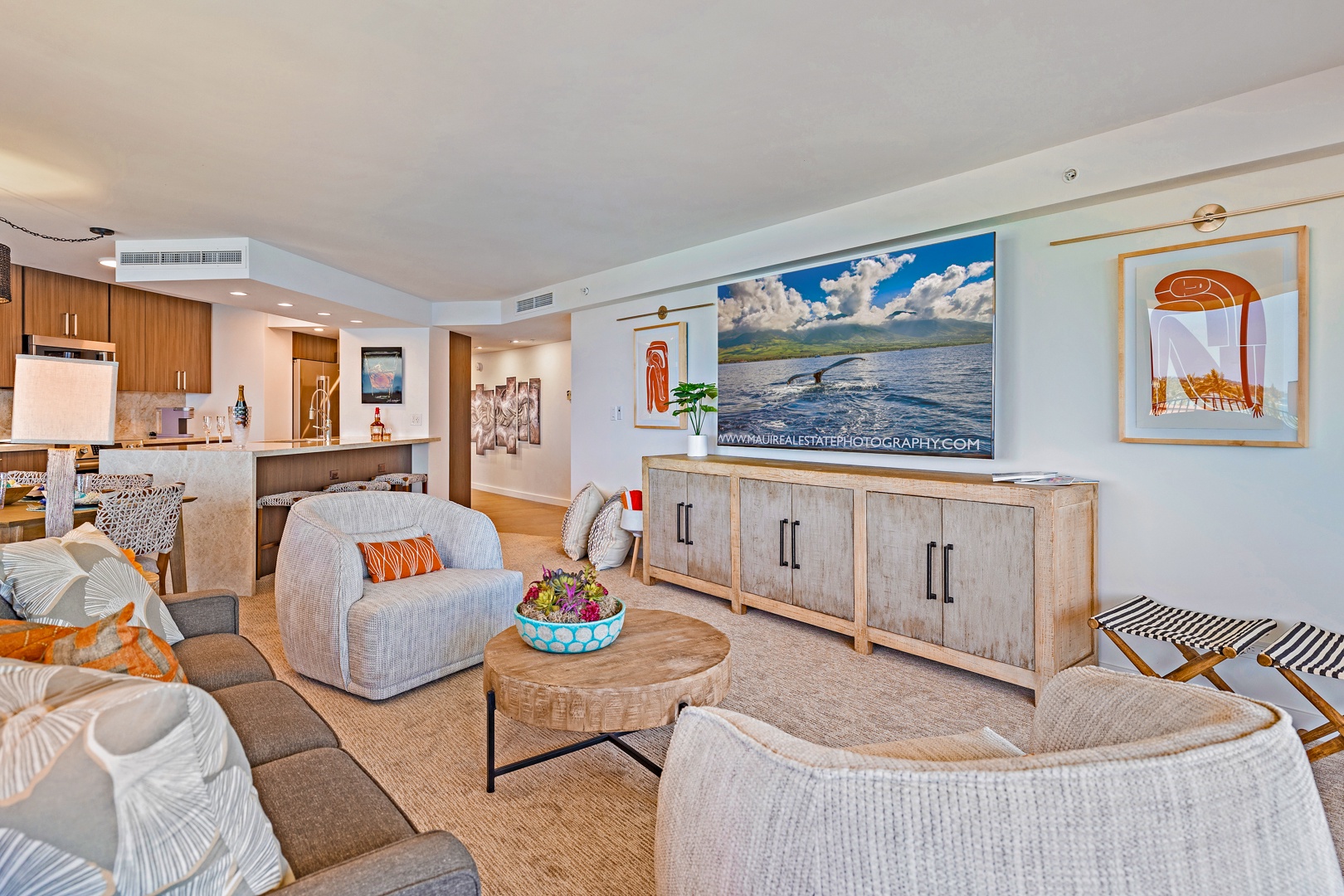 Lahaina Vacation Rentals, Kaanapali Shores 702 - Relax in the spacious living area with modern furnishings and a serene atmosphere. Perfect for unwinding with family or friends.