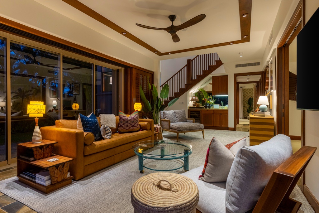 Kailua Kona Vacation Rentals, 3BD Ke Alaula Villa (217C) at Hualalai Resort - Sitting area and two guest suites on the ground floor level, perfect for relaxation.