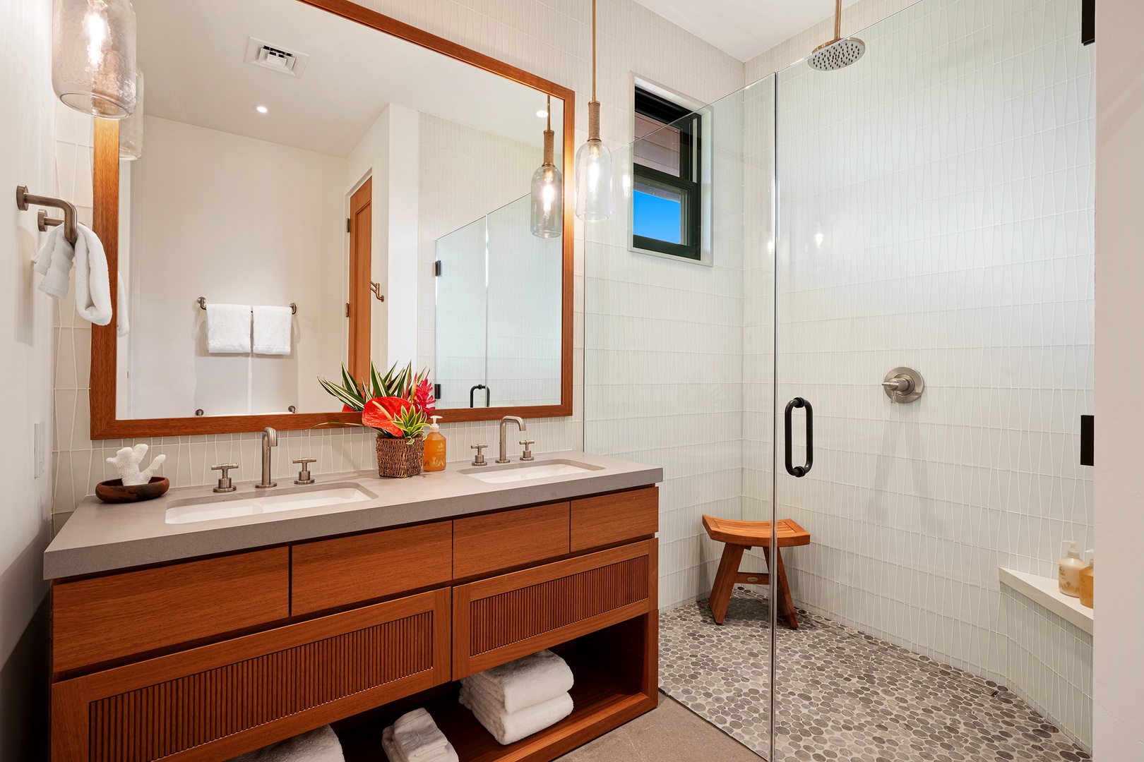 Koloa Vacation Rentals, Hale Ka Pua Ola at Kukuiula - Luxurious bath with a walk-in rainforest shower and chic vanity.