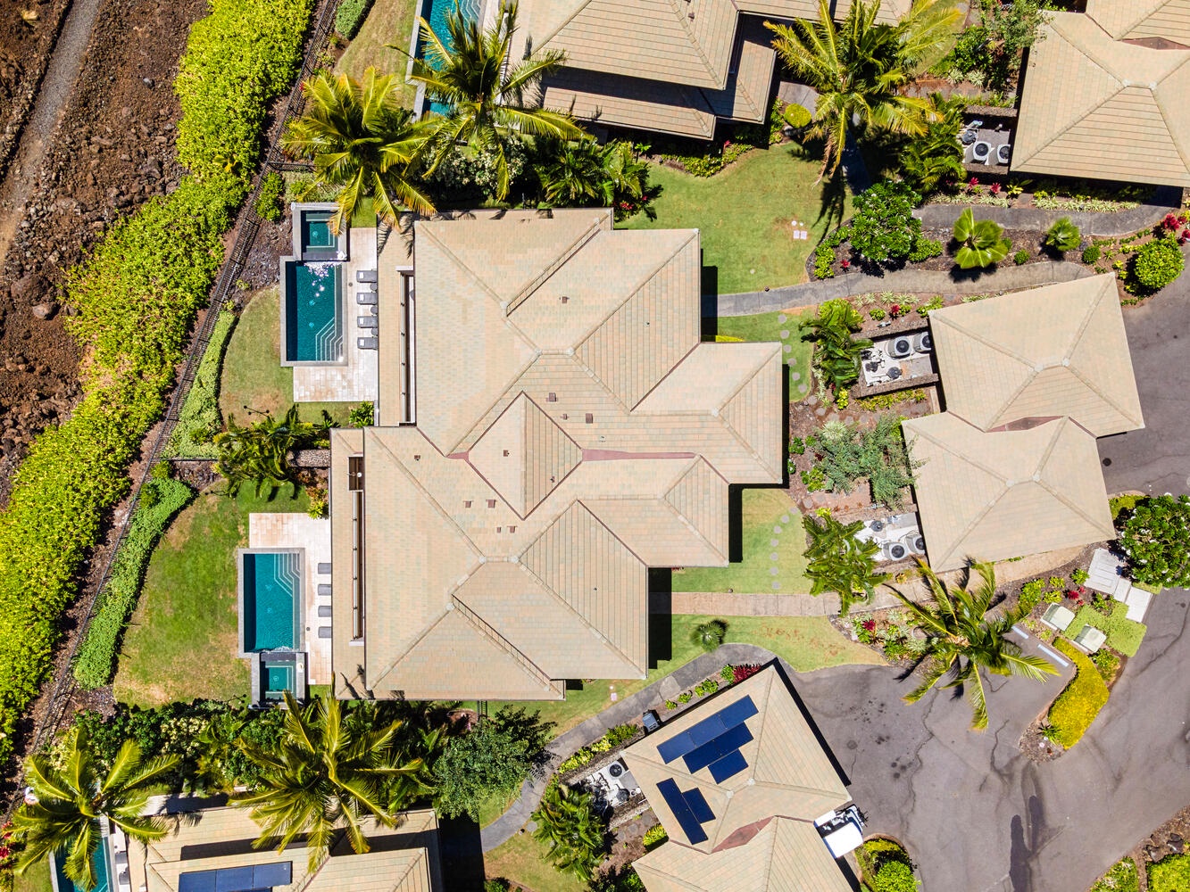 Kamuela Vacation Rentals, Laule'a Ohana Retreat - Bird’s-eye view of the villa's layout, private pool, and lush tropical surroundings at Laule'a #14.