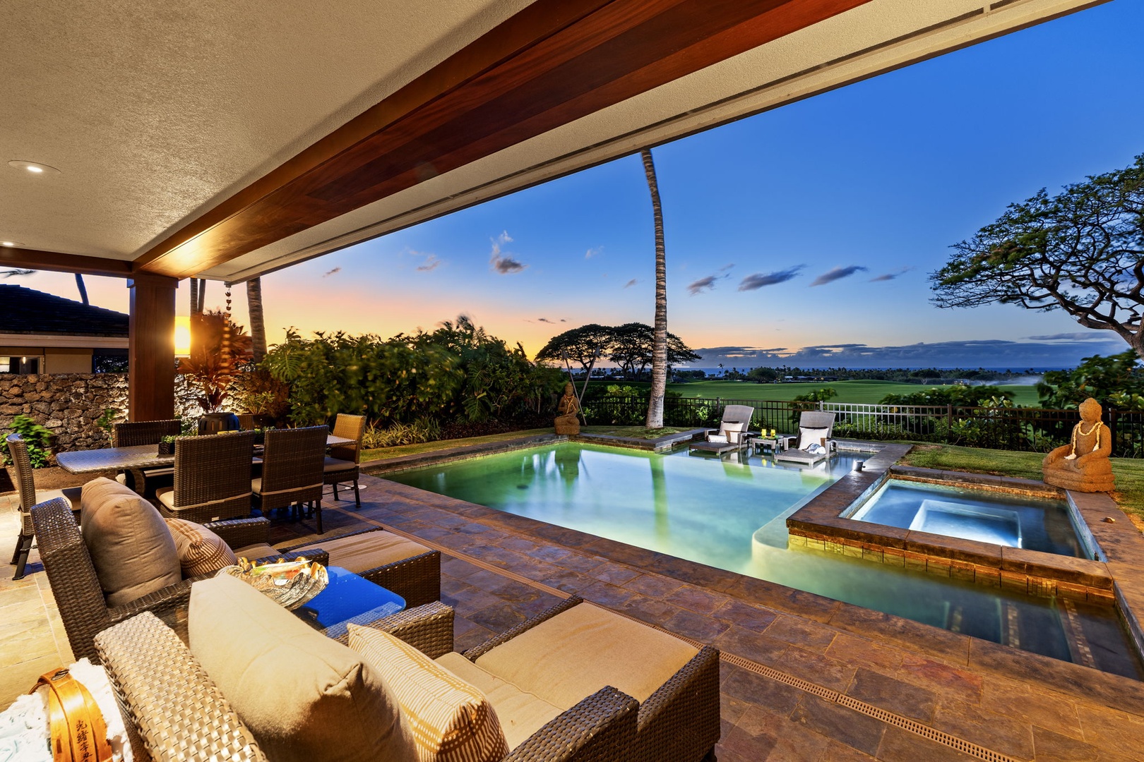 Kailua Kona Vacation Rentals, 3BD Pakui Street Estate (149) at Hualalai Resort - Ease onto the lanai at dusk, pool and spa lit beneath a fading sky.