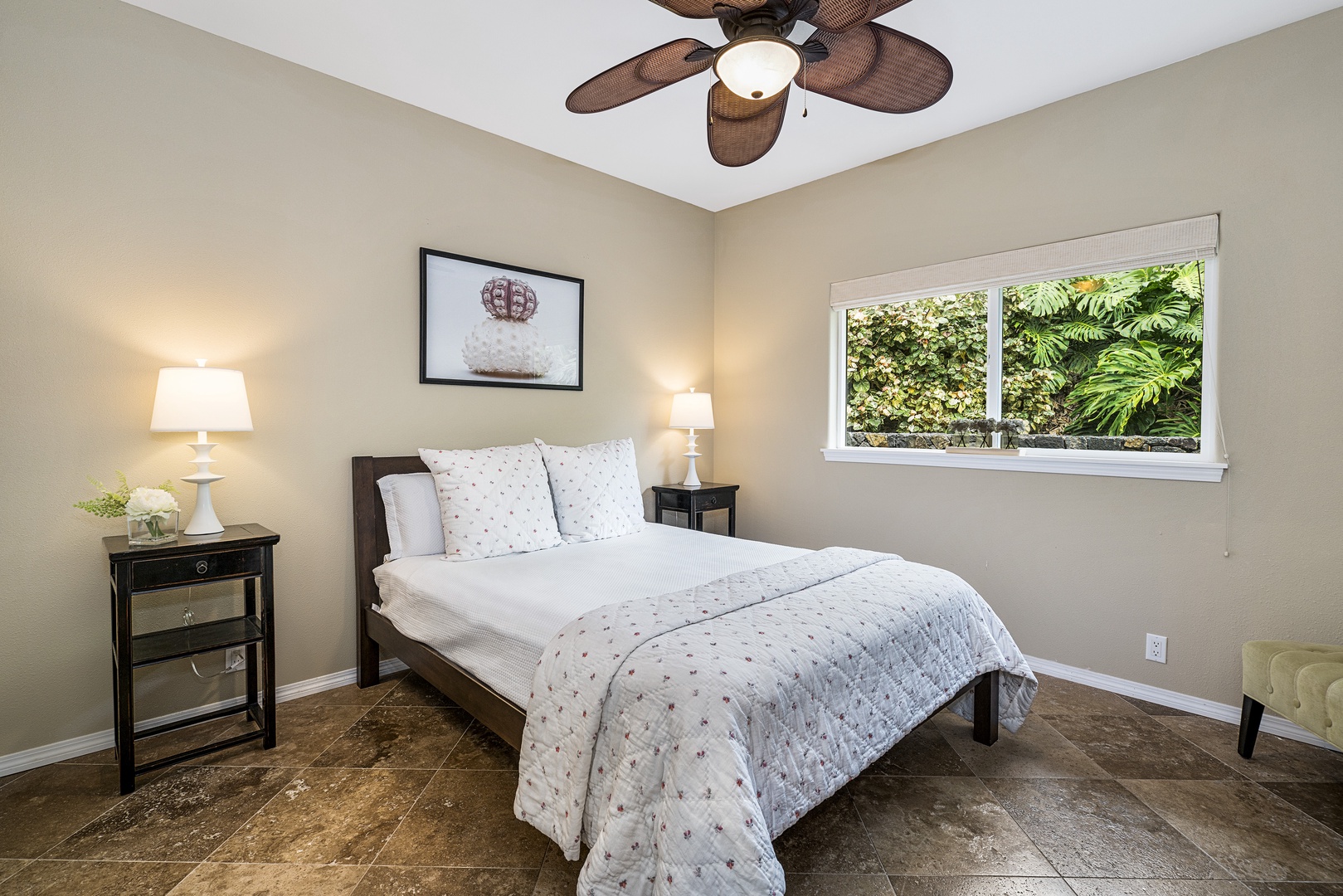 Kailua Kona Vacation Rentals, Sunset Hale - The guest room features a plush queen memory foam bed, ceiling fan, and split A/C for cool nights.