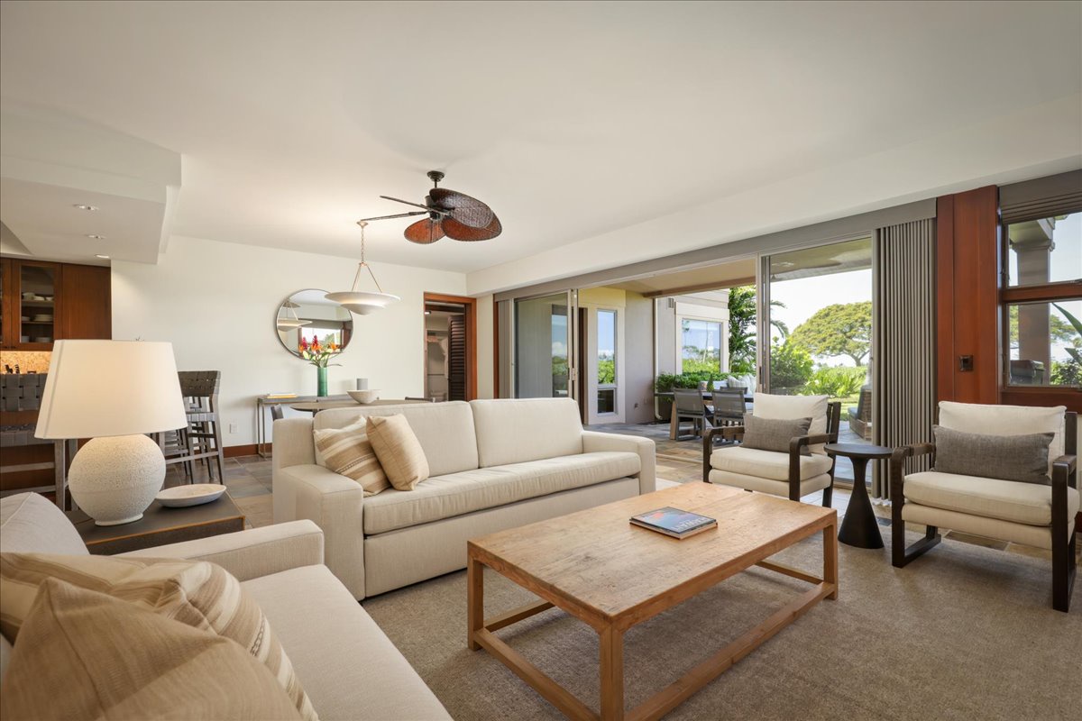 Kailua Kona Vacation Rentals, 2BD Fairways Villa (120C) at Four Seasons Resort at Hualalai - Enjoy chic seating and decor in the generous and newly redesigned living room.