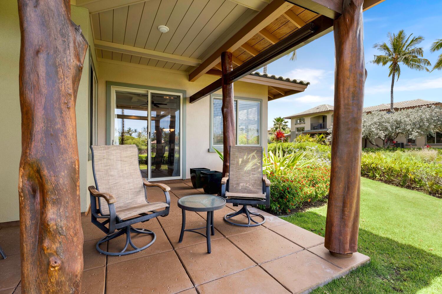 Kamuela Vacation Rentals, Mauna Lani Fairways #902 - Enjoy your morning coffee on the lanai.