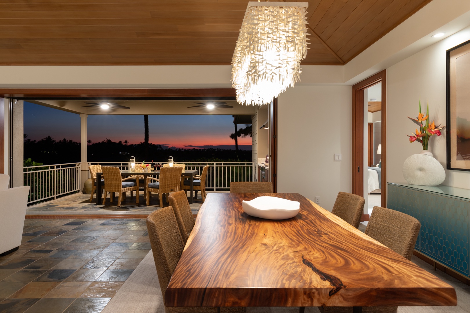 Kailua Kona Vacation Rentals, 3BD Waiulu Villa (111D) at Hualalai Resort - Gather around this stunning live-edge dining table while watching sunset paint the sky from your covered lanai.