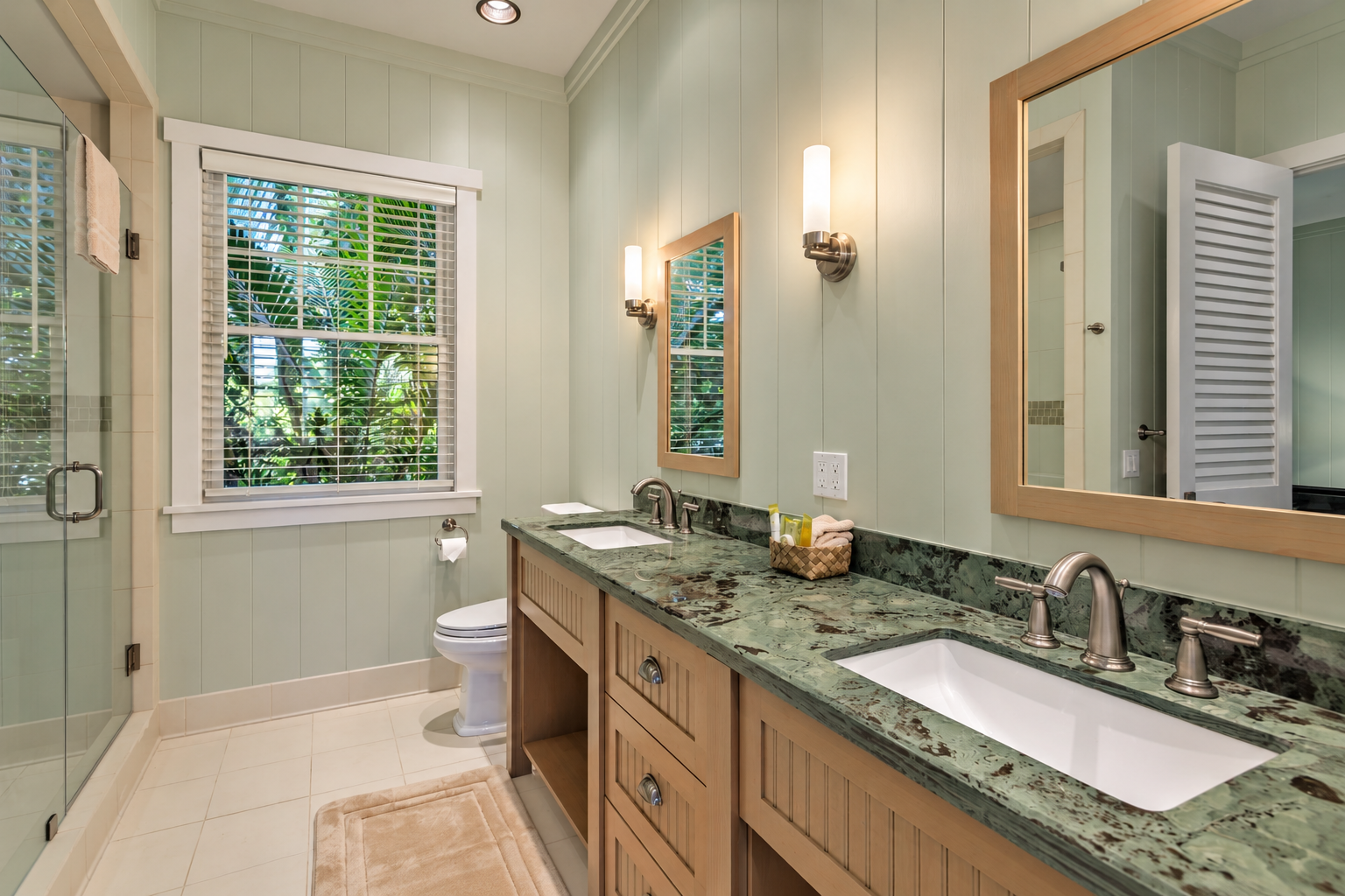 Kamuela Vacation Rentals, 4BD Estate Home at Puako Bay (74) - Green stone and two sinks at the vanity, room enough that mornings never back up here.