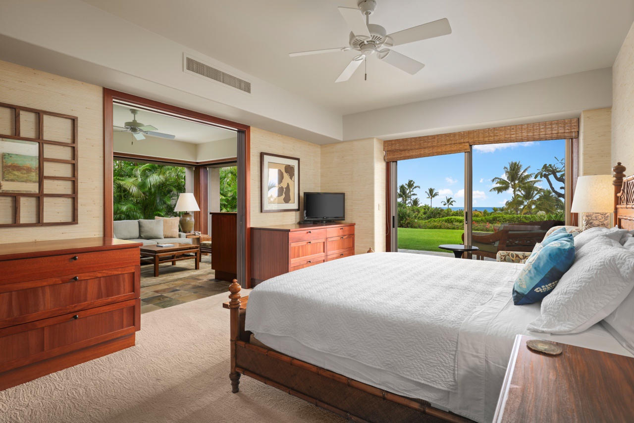 Kailua Kona Vacation Rentals, 3BD Ke Alaula Villa (210A) at Four Seasons Resort at Hualalai - Primary suite with king bed, flat screen television, and private lanai with ocean views.