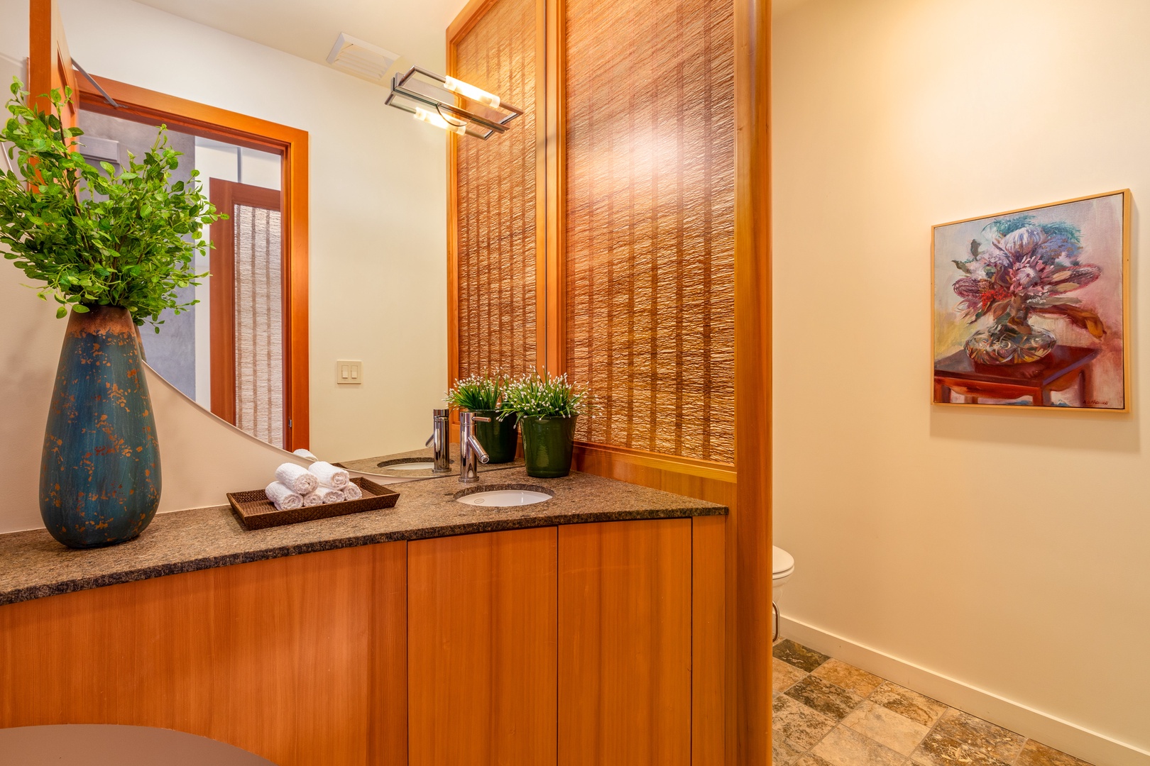 Kamuela Vacation Rentals, Mauna Kea Resort Bluffs 22 - The Beach House - Warm wood details elevate this half bath with understated elegance.