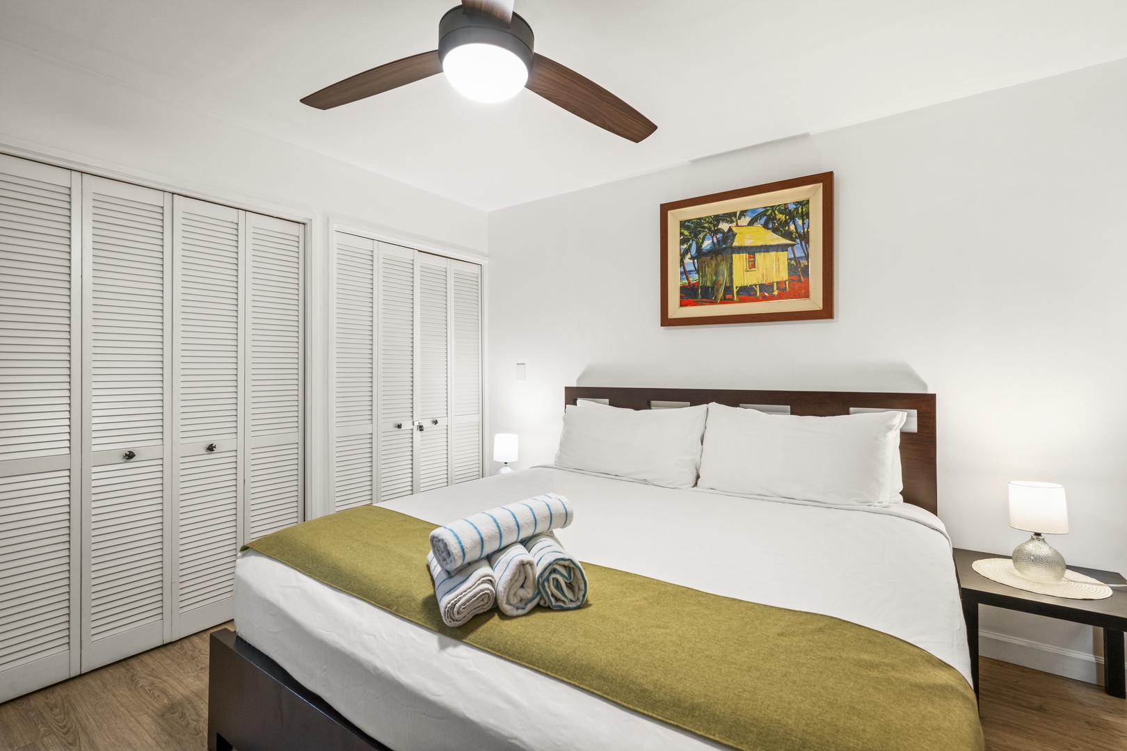Kihei Vacation Rentals, Koa Resort 1B - King bed, ceiling fan, and closet space enough to unpack and forget the suitcase exists.