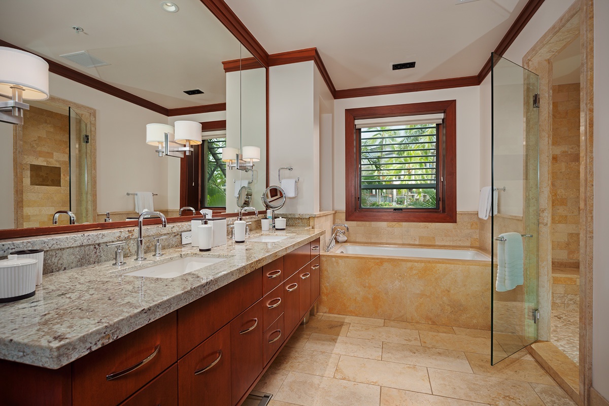 Kapalua Vacation Rentals, Ocean Dreams Villa 2203 at Montage Kapalua Bay* - Second Master Bath with His and Hers Vanity, Robes, Deep Soaking Tub, Private WC, Silouette Window Drapes Now Installed, Make-up Mirror, Hair Dryer, Scale