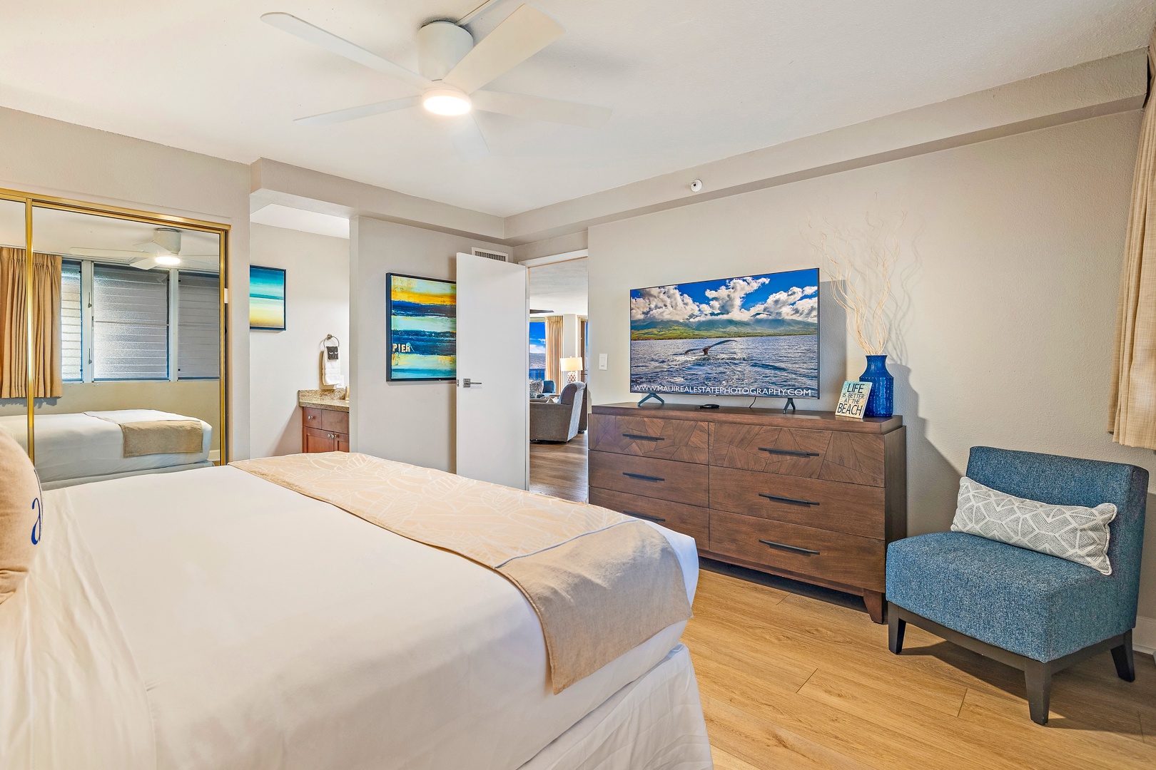 Lahaina Vacation Rentals, Royal Kahana 1010 - The spacious bedroom includes a king-sized bed, a large dresser, and a flat-screen TV, perfect for unwinding after a long day.