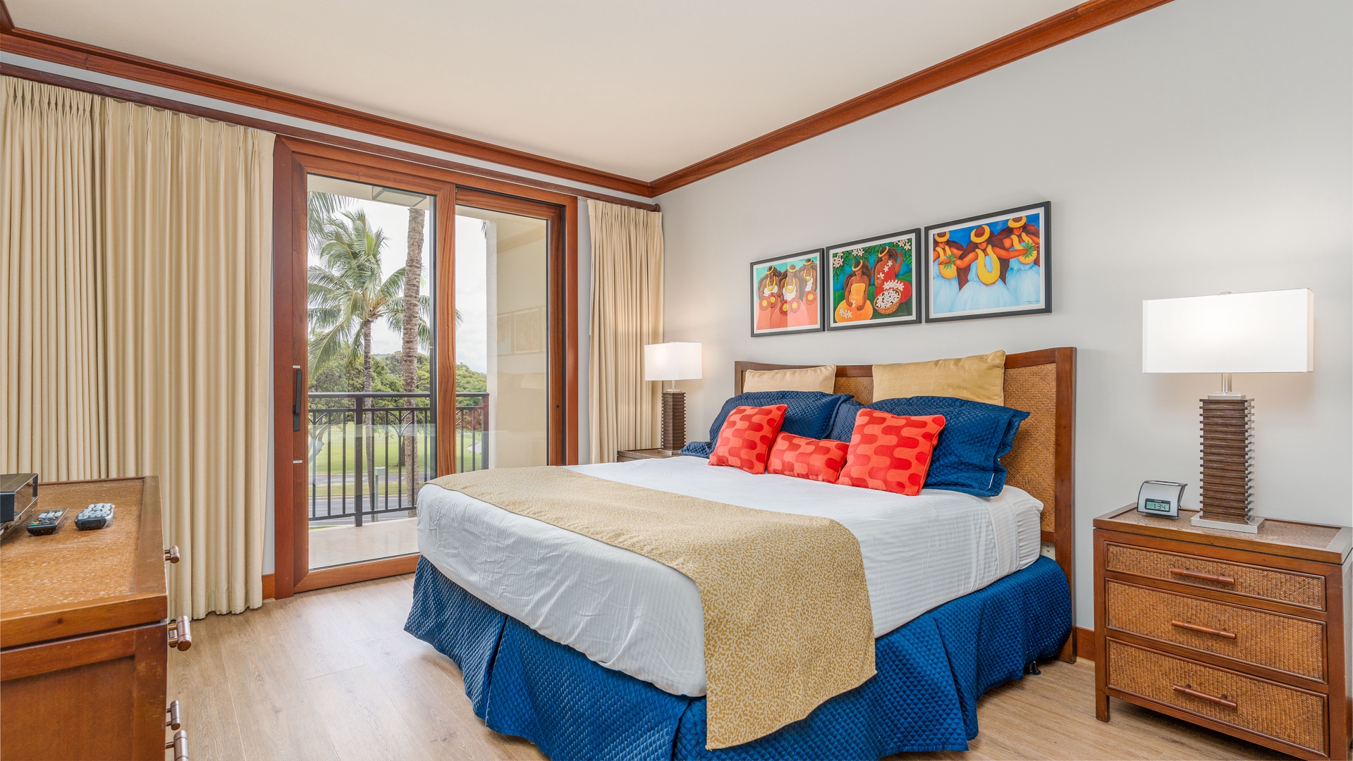 Kapolei Vacation Rentals, Ko Olina Beach Villas O305 - The primary guest bedroom with access to the lanai.