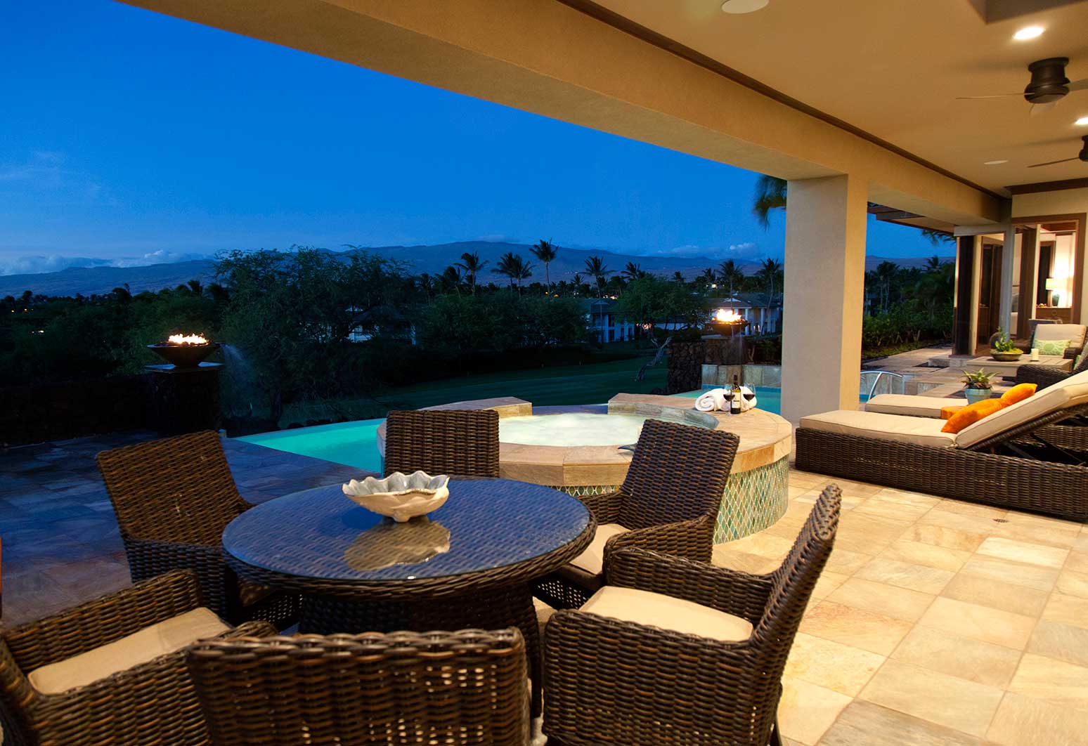 Kamuela Vacation Rentals, 4BD Champion Ridge (CR10) Estate Home at Mauna Lani Resort - Evening lanai and pool shot, with fire features by pool.