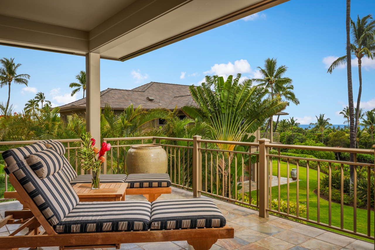Kailua Kona Vacation Rentals, 3BD Ke Alaula Villa (210A) at Four Seasons Resort at Hualalai - Lounge in the chaise loungers on the lanai.