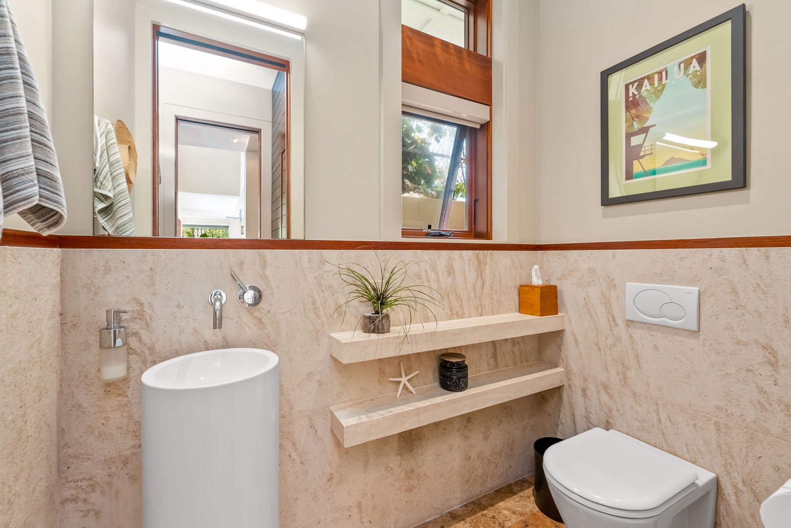 Kailua Vacation Rentals, Kailua Beachside - Powder Room featuring modern and luxurious fixtures.