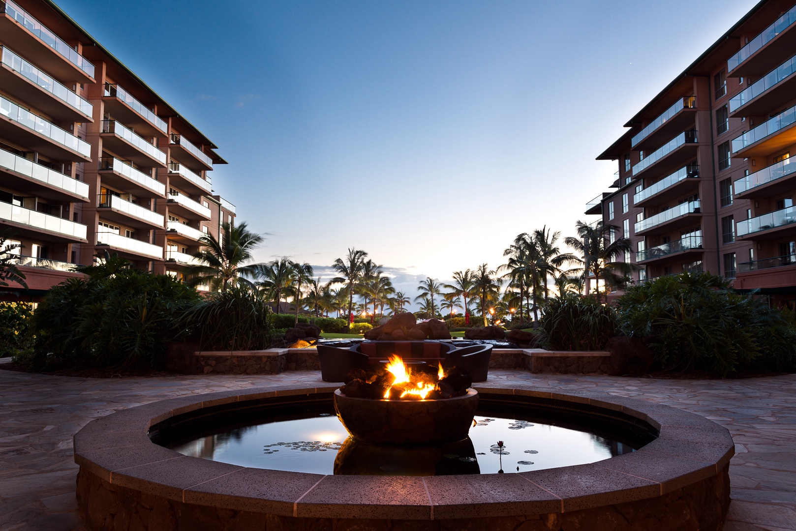 Lahaina Vacation Rentals, Honua Kai Konea 206 - Courtyard glows at dusk at the Honua Kai Konea 206 resort.