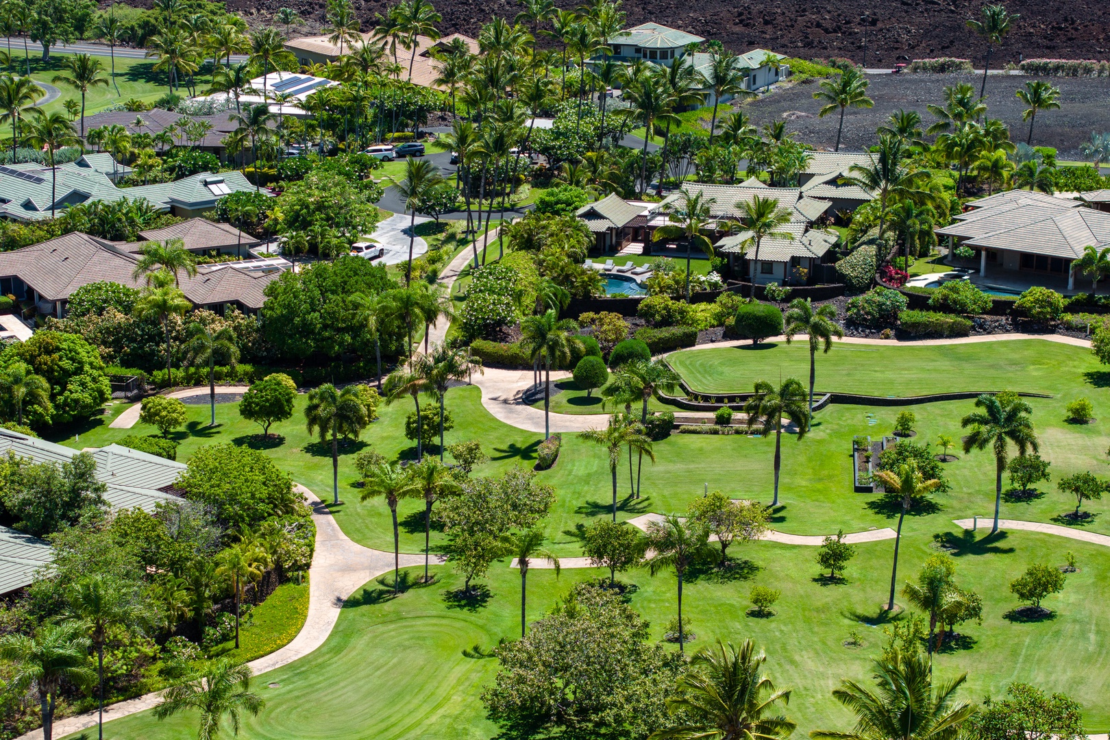 Kamuela Vacation Rentals, Beach Walker at Champion Ridge - A lush, green landscape with winding pathways surrounded by tropical trees and nearby homes.