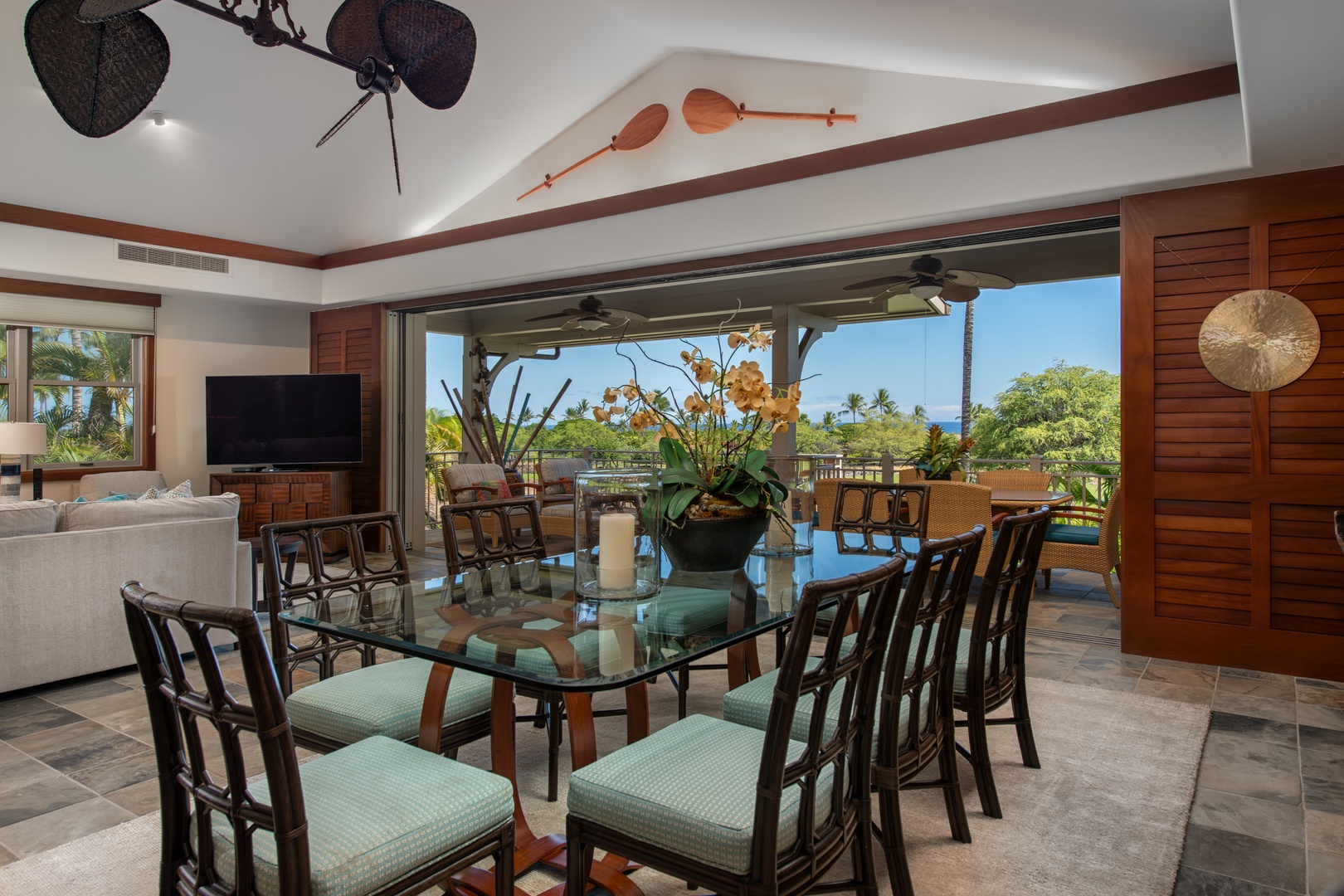 Kailua Kona Vacation Rentals, 3BD Ka'Ulu Villa (109A) at Four Seasons Resort at Hualalai - Dine with a view at the elegant dining table with seating for eight.