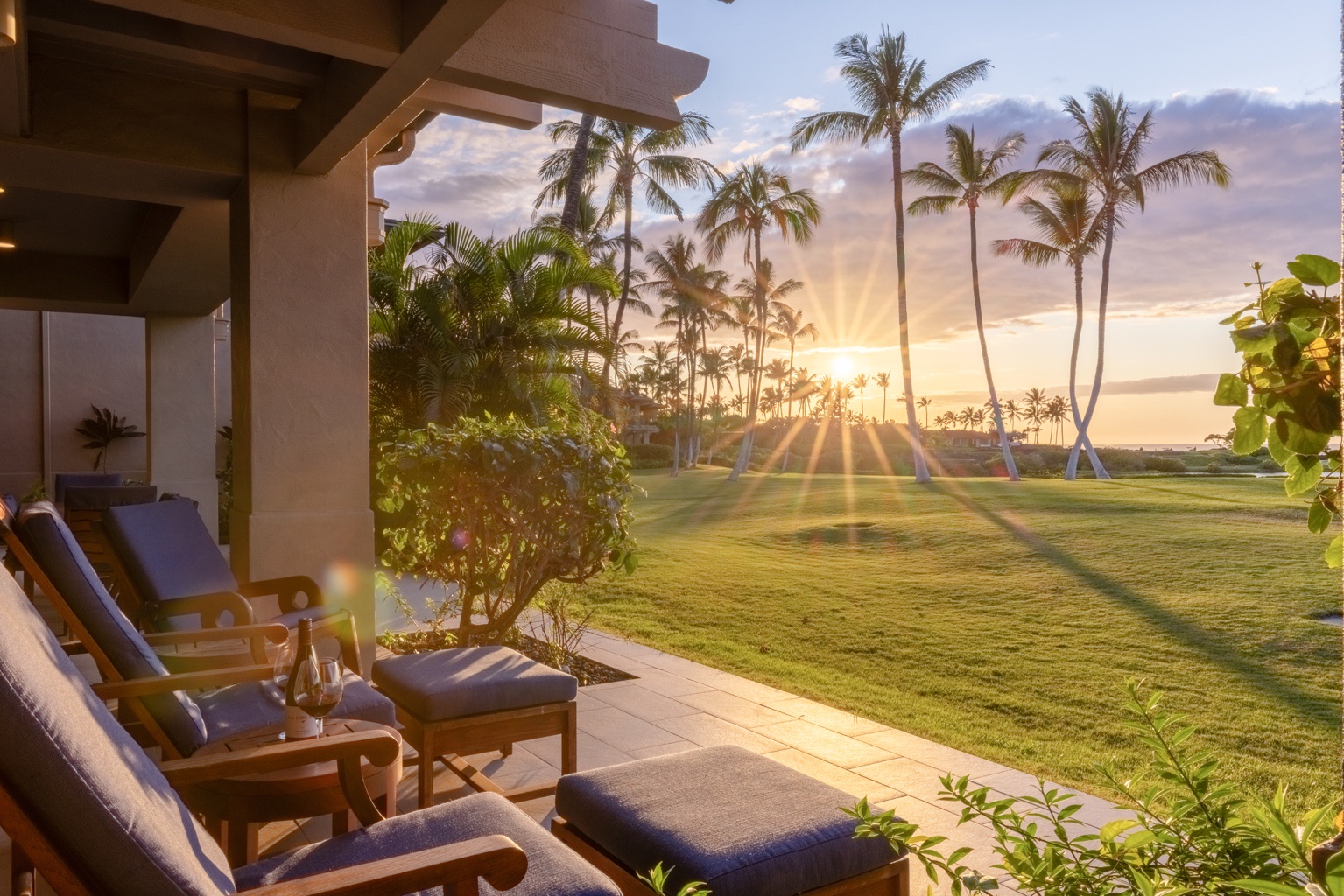 Kailua Kona Vacation Rentals, 3BD Golf Villa (3101) at Hualalai Resort - Golf course view from your lanai at sunset.