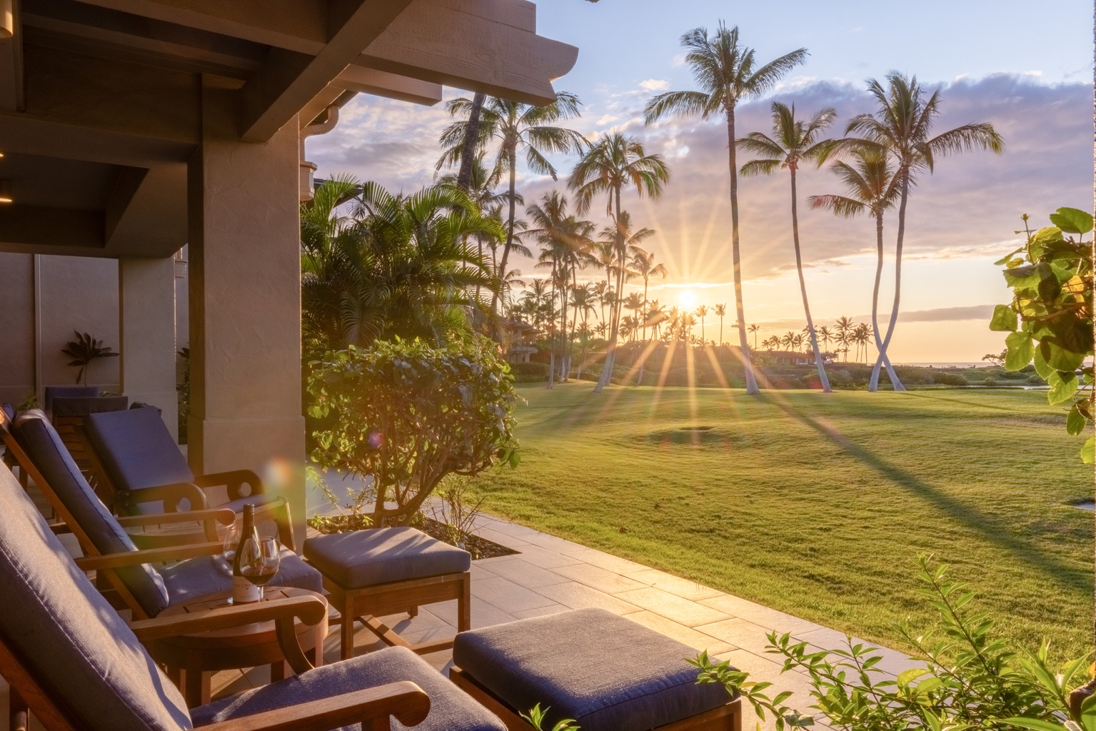 Kailua Kona Vacation Rentals, 3BD Golf Villa (3101) at Four Seasons Resort at Hualalai - Golf course view from your lanai at sunset.