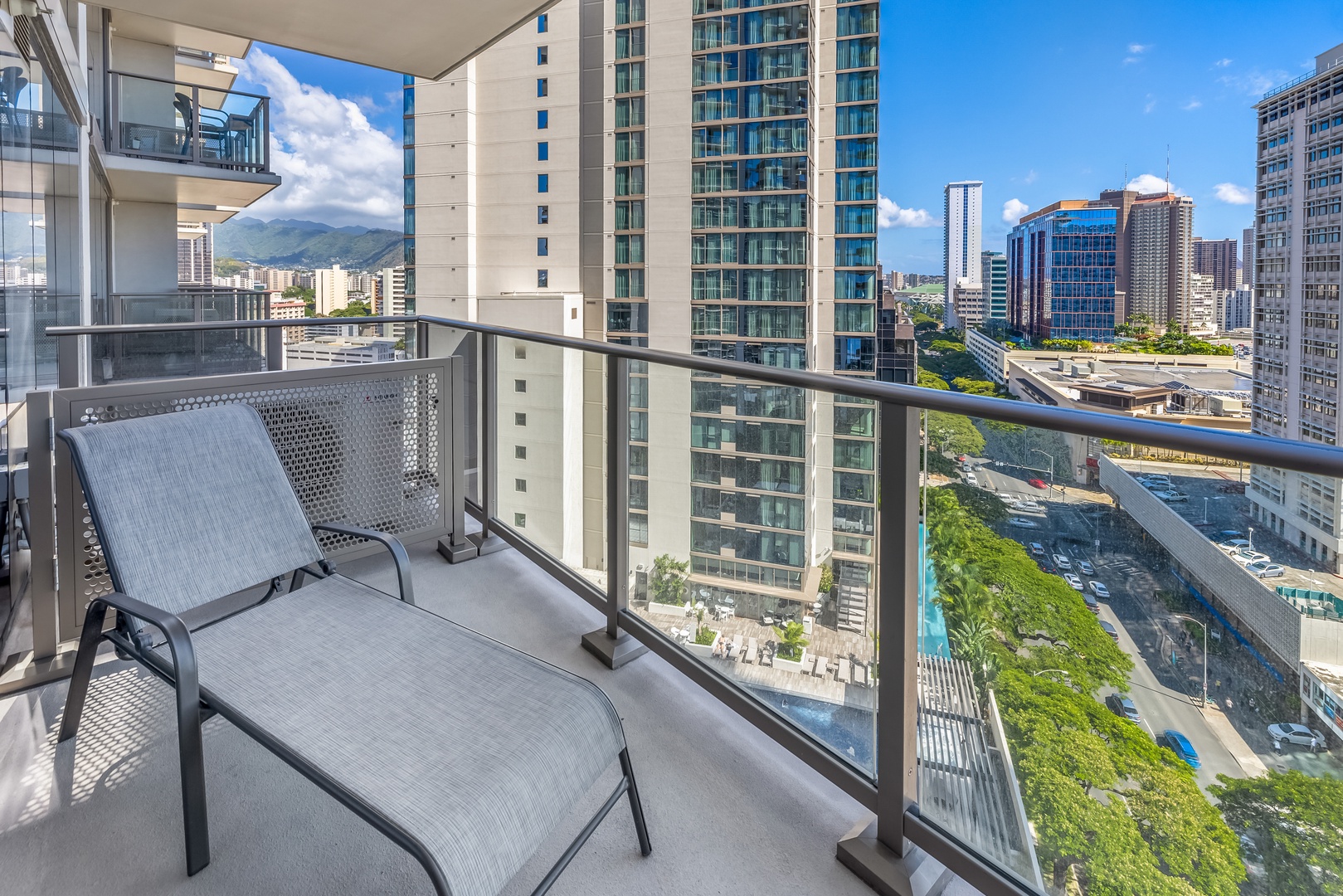 Honolulu Vacation Rentals, Sky Ala Moana #1701 - Private lanai with stunning city and partial ocean views, perfect for enjoying a morning coffee or sunset drink.