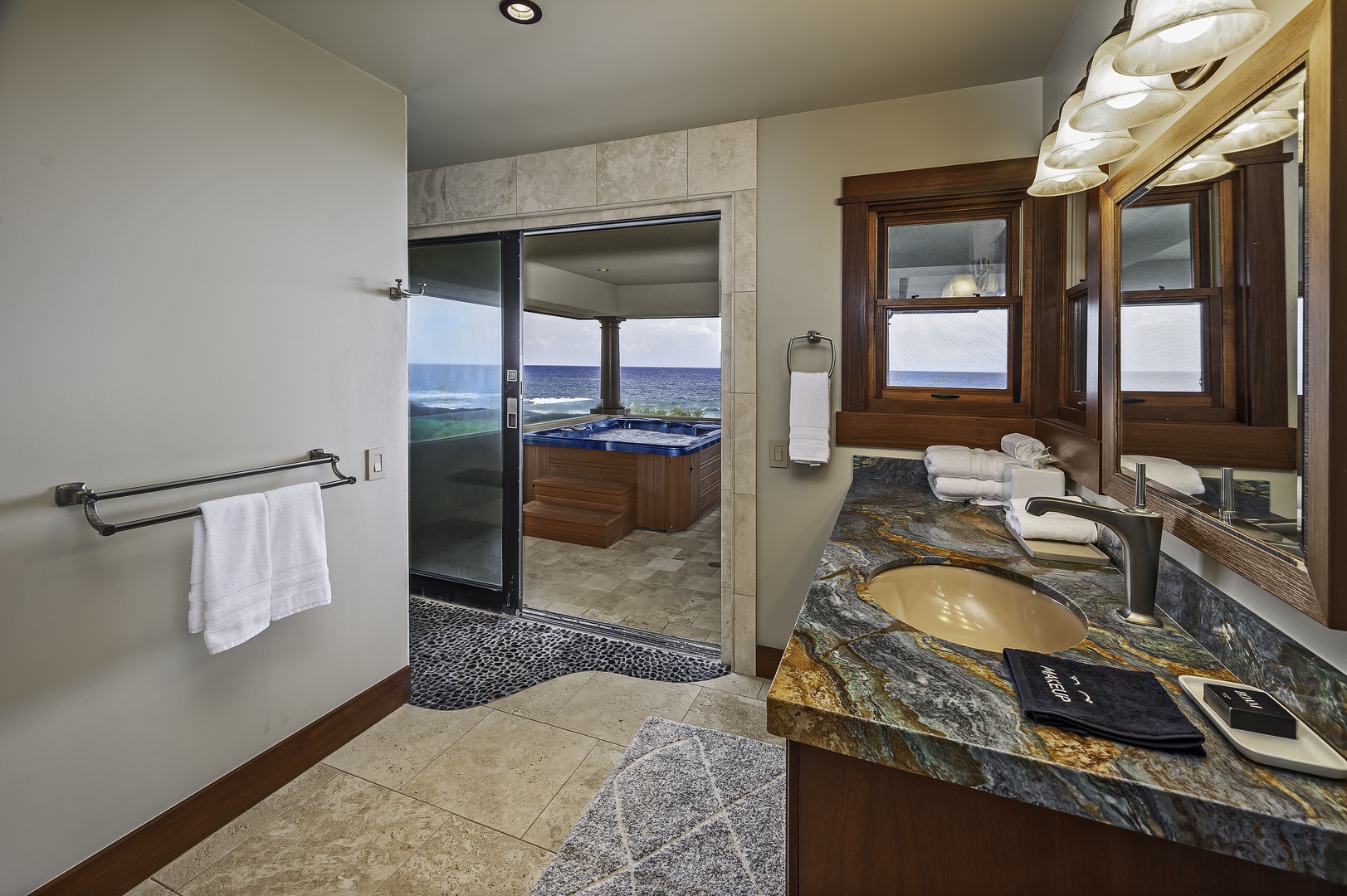 Kailua Kona Vacation Rentals, Alohi Kai Estate** - Guest bathroom with exit to covered Hot Tub