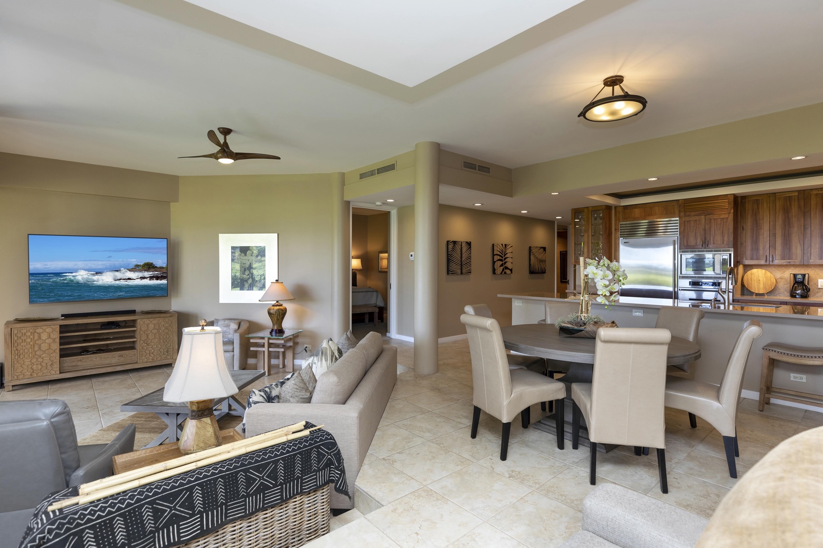 Kamuela Vacation Rentals, Mauna Lani Point E105 - Spacious great room offers plush seating and an open flow for effortless entertaining.