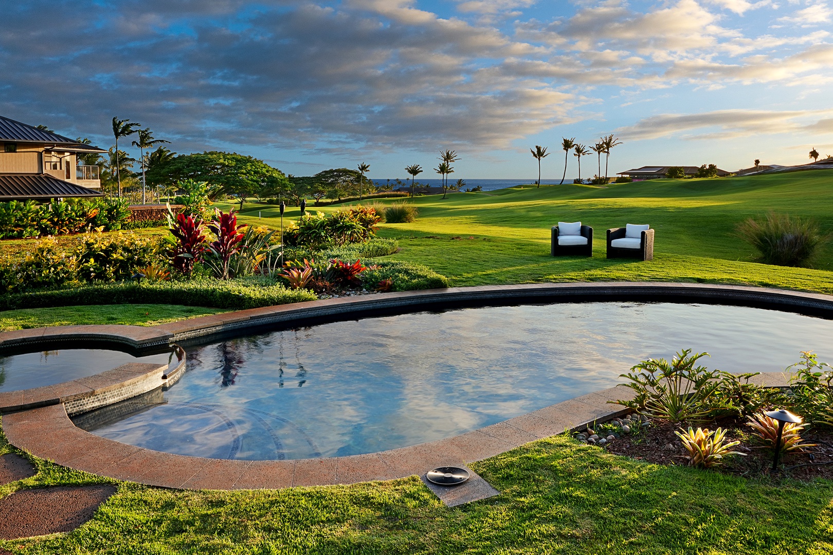 Koloa Vacation Rentals, Hale Hanohano at Kukuiula - Private pool and spa overlooking the golf course with sweeping ocean and mountain views—an unforgettable Poipu backdrop from sunrise to sunset.
