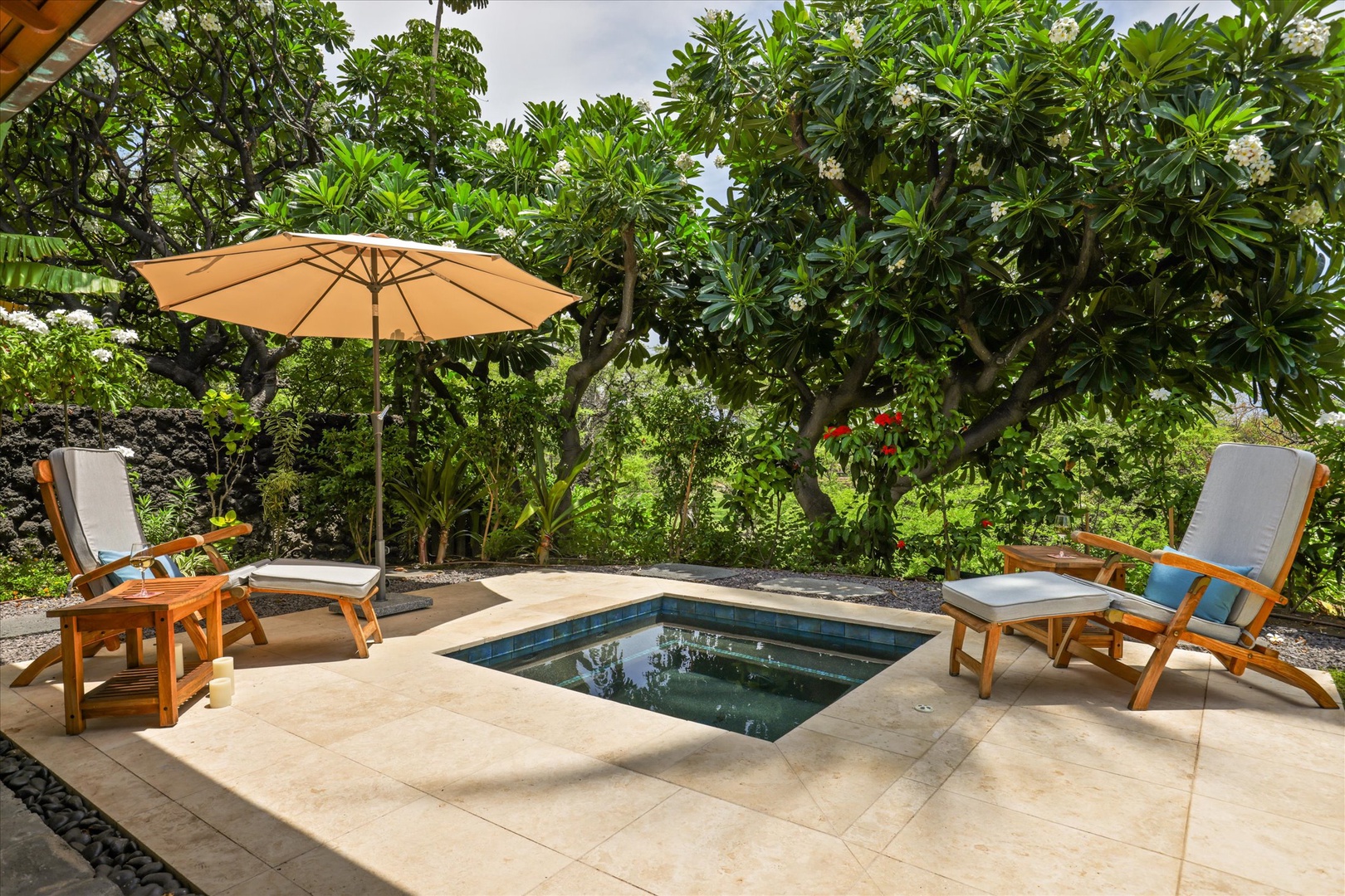 Kamuela Vacation Rentals, 3BD Na Hale 3 at Pauoa Beach Club at Mauna Lani Resort - Slip into the in-ground hot tub, surrounded by tropical greenery.
