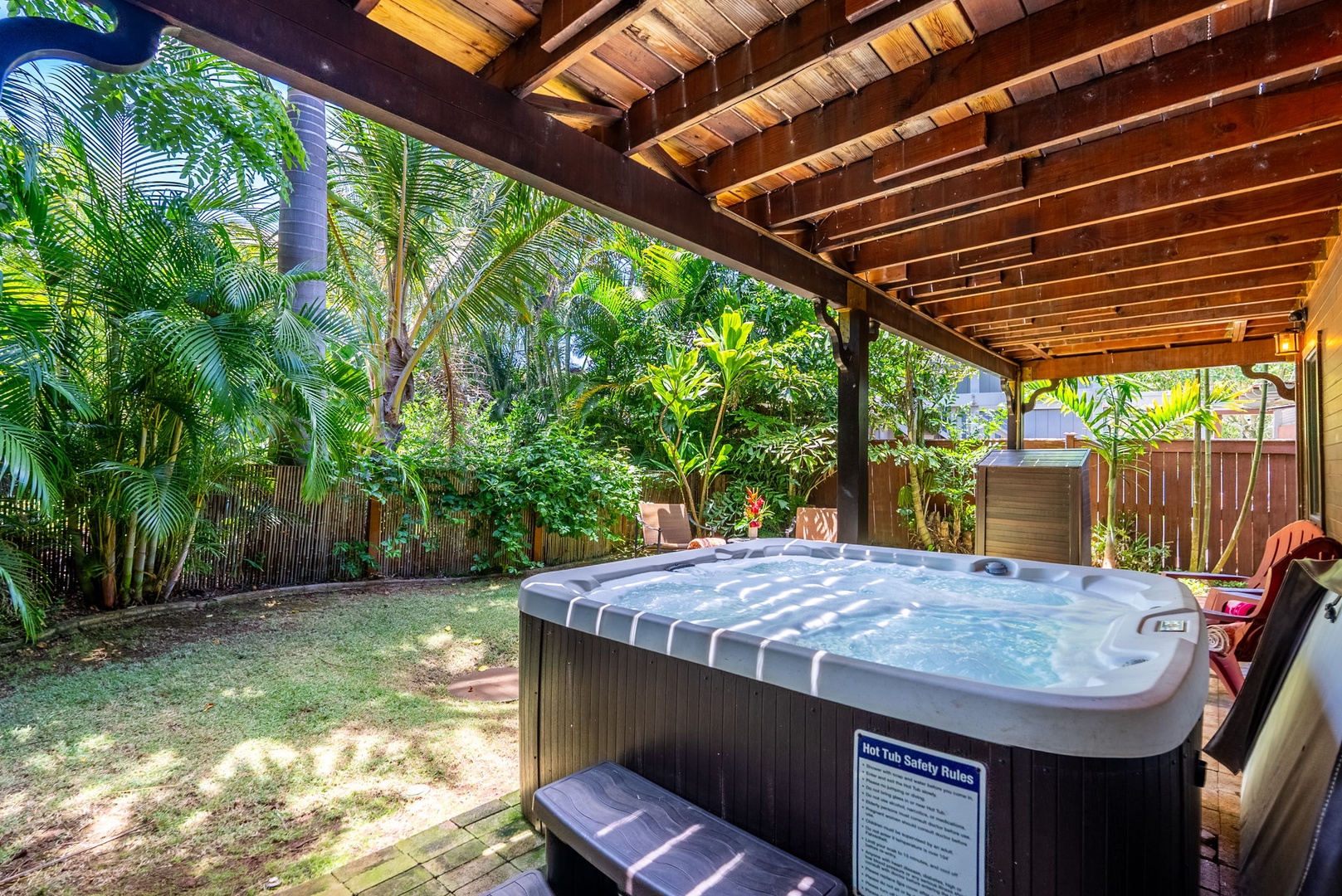 Haleiwa Vacation Rentals, Kealoha Tropical Beach Villa - Relax in the lower-level private hot tub with views of the garden.