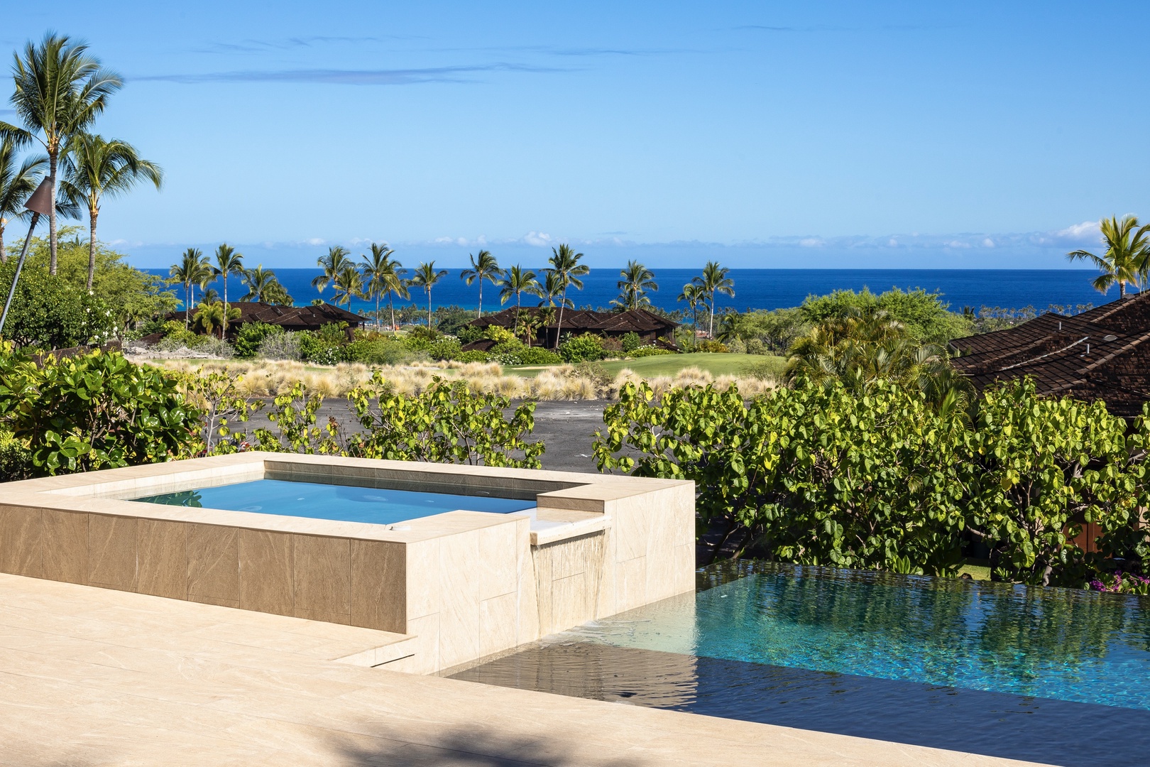Kailua Kona Vacation Rentals, 4BD Kulanakauhale (3558) Estate Home at Four Seasons Resort at Hualalai - Contemporary design elements delight the senses, like this overflow waterfall from private spa to infinity pool.