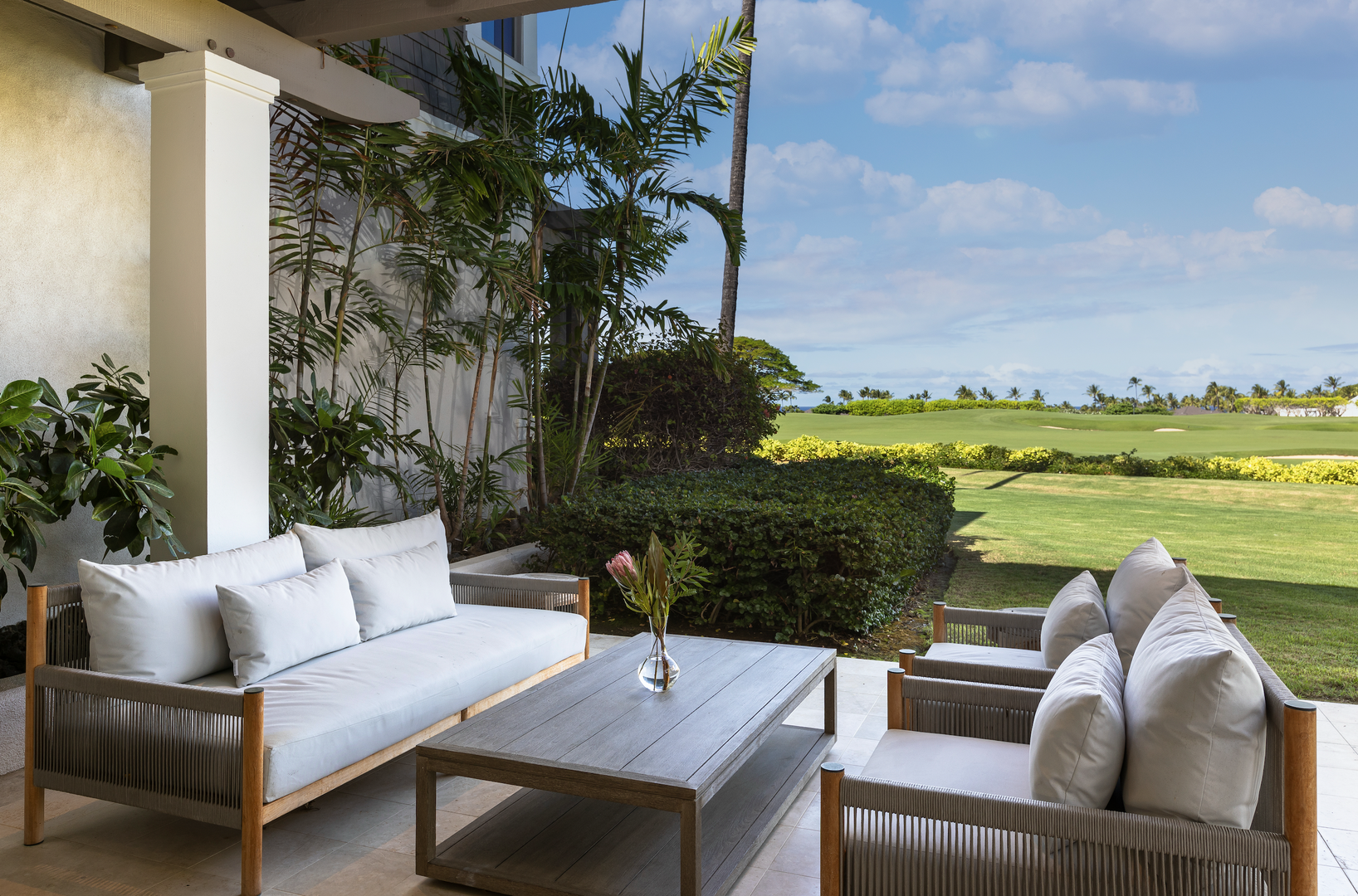 Kailua Kona Vacation Rentals, 3BD Palm Villa (130B) at Hualalai Resort - Relax on the lanai with golf course views, the perfect spot for morning coffee or unwinding at sunset.