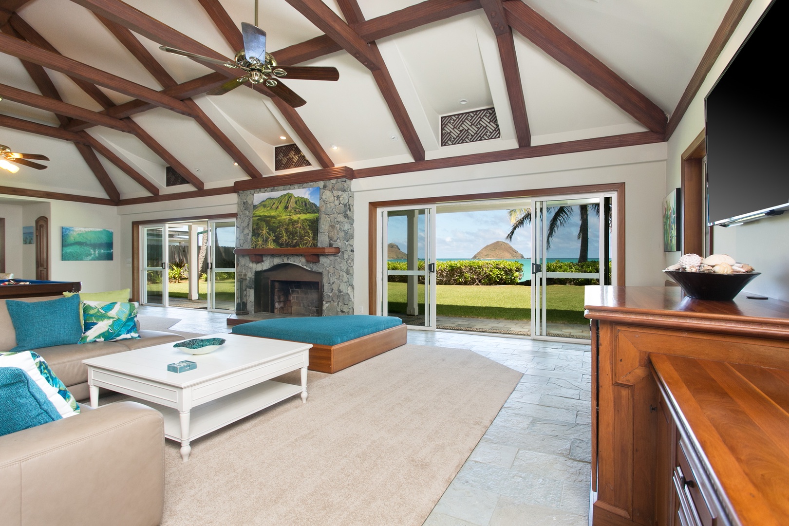 Kailua Vacation Rentals, Hale Melia* - Spacious and bright living area with elegant beams frame your gateway to ocean breezes.