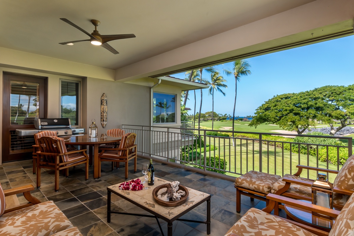Kailua Kona Vacation Rentals, Fairways Villa 120A - Your covered lanai offers golf course views with teak furniture and BBQ, perfect for tropical morning coffee or sunset cocktails.